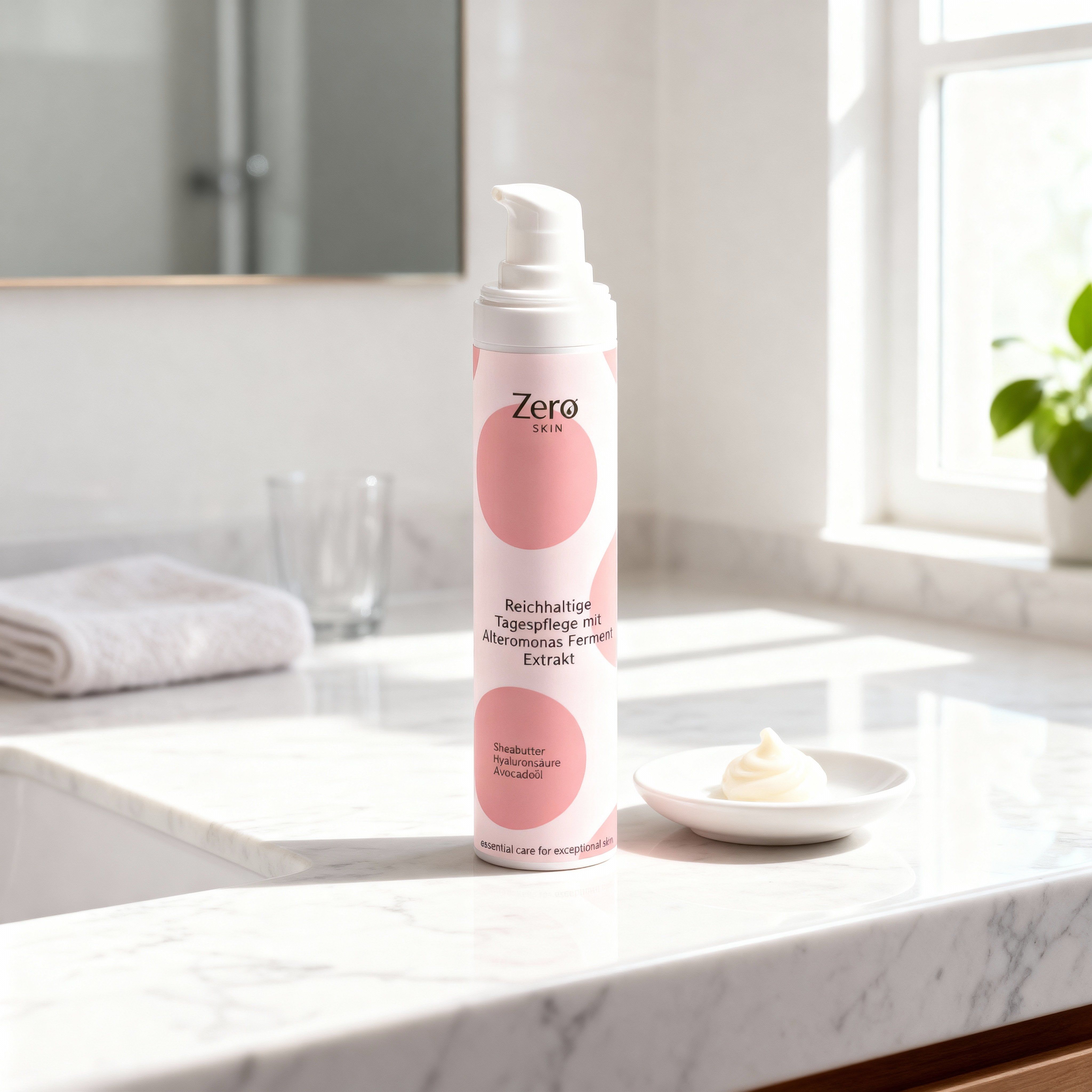 Zero Skin Tagespflege in Flasche. Auf weißem Untergrund. Kleiner Klecks Creme.