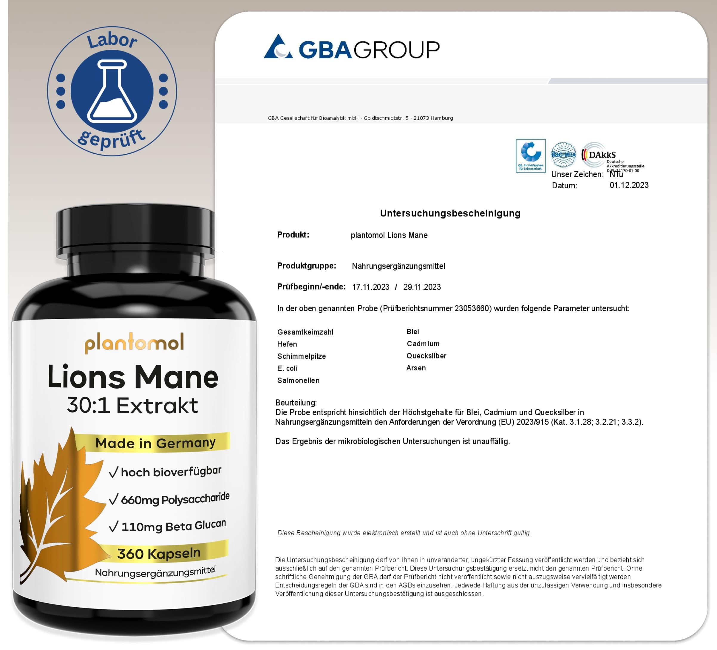 Braune Kapsel-Dose mit schwarzem Deckel und Laborbericht. Aufschrift: plantomol Lions Mane 30:1 Extrakt. Made in Germany. 360 Kapseln. Nahrungsergänzungsmittel.