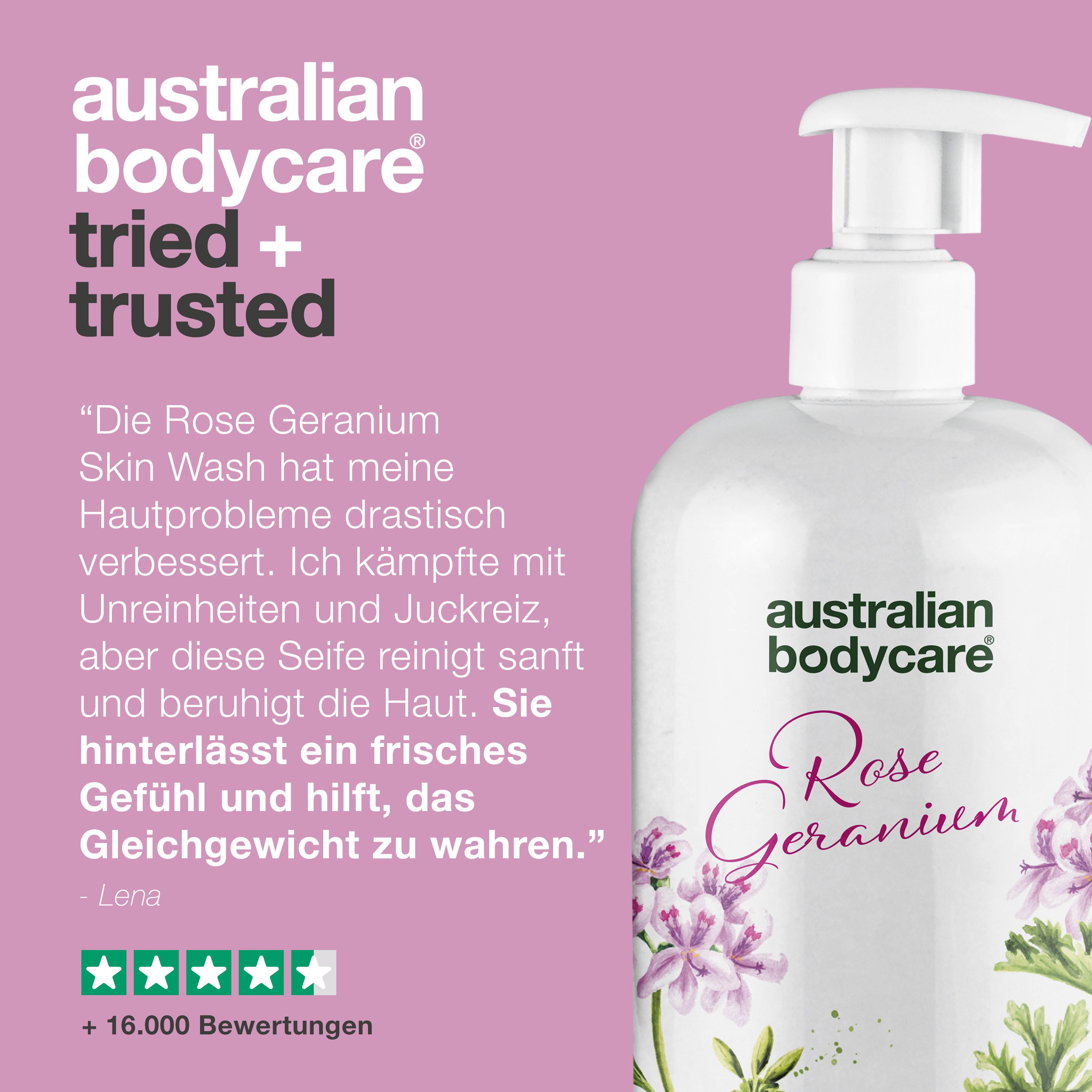 Produktflasche mit Text: Australian Bodycare, Rose Geranium, Tea Tree Oil Skin Wash.