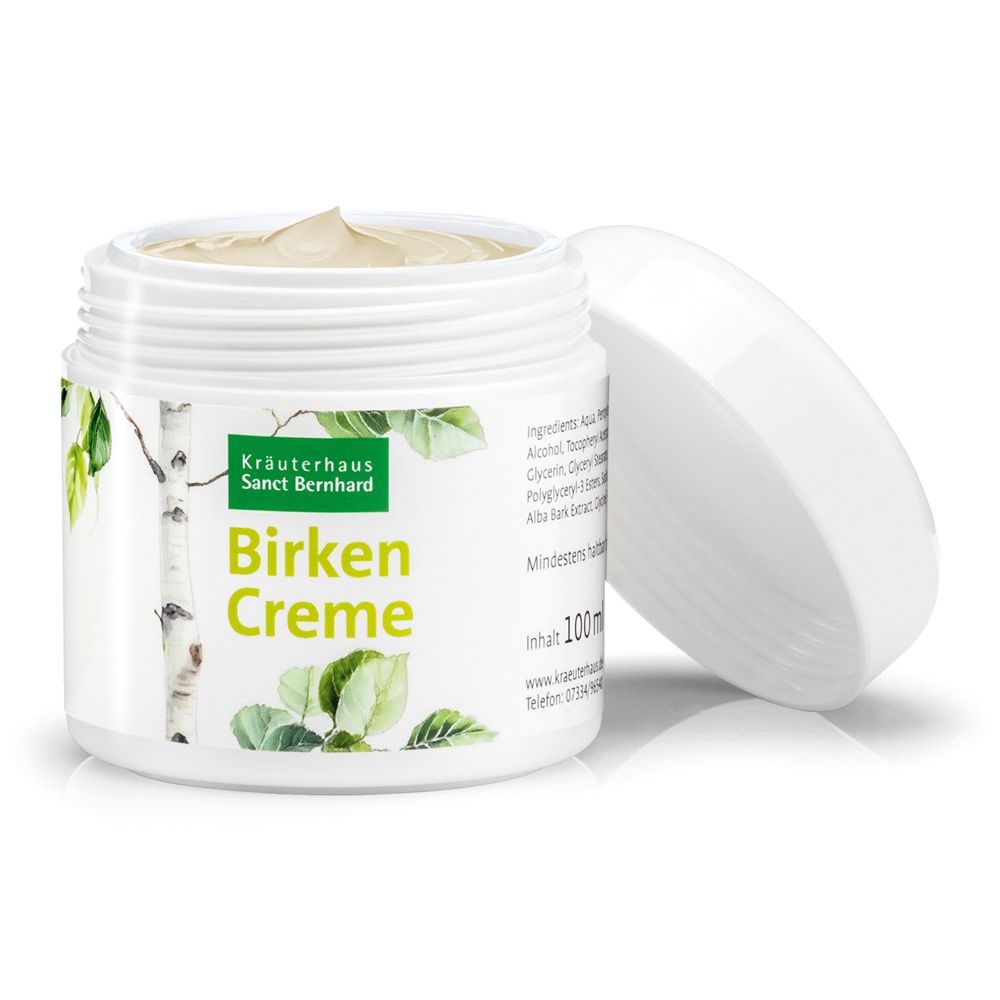 Weißes Cremetiegel mit geöffnetem Deckel. Aufschrift: Birken-Creme. Hersteller: Kräuterhaus Sanct Bernhard. Inhalt: 100 ml.