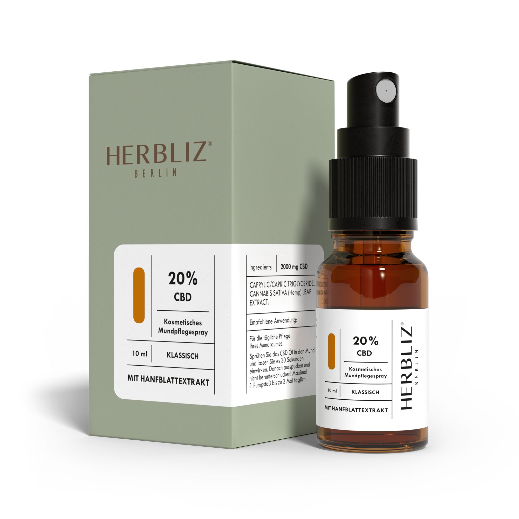 Braune Glasflasche mit Sprühkopf und Karton. Aufschrift: HERBLIZ, 20% CBD, Klassisch, Mit Hanfblattextrakt.