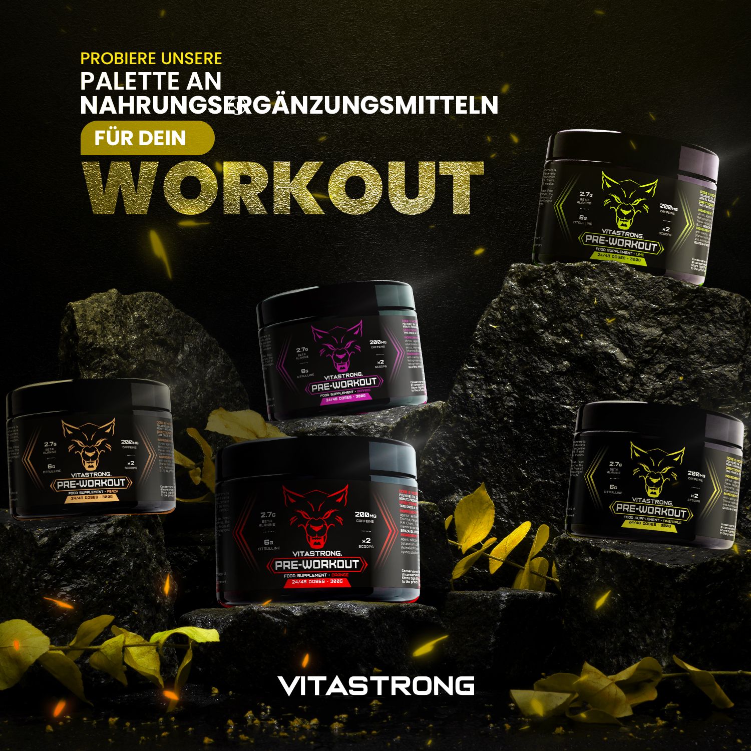Mehrere Dosen auf Felsen. Text: Nahrungsergänzungsmittel für dein Workout. Vitastrong Pre-Workout.
