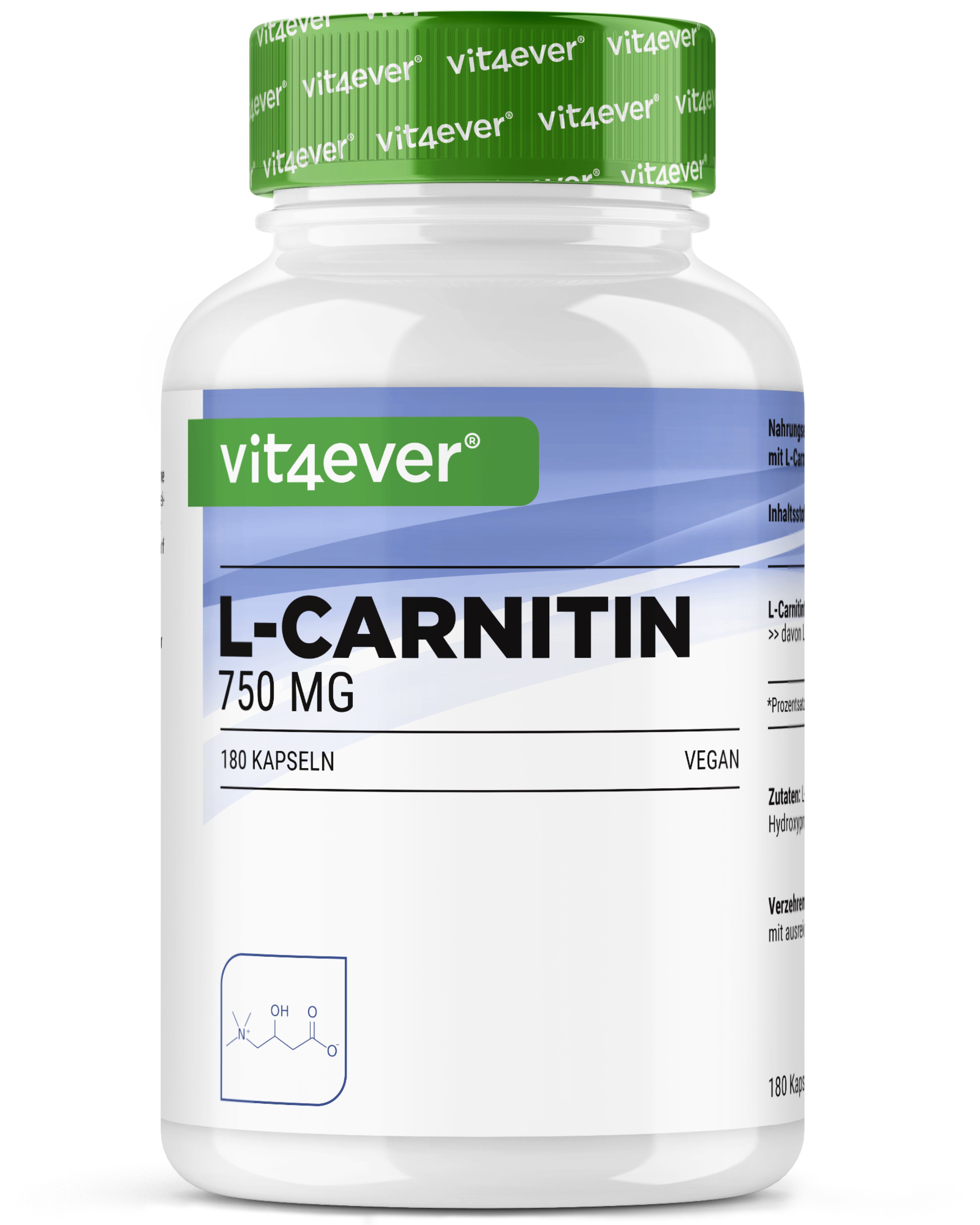 Weiße Flasche mit grünem Deckel. Aufschrift: vit4ever L-Carnitin 750 mg. 180 Kapseln. Vegan. Chemische Formel.