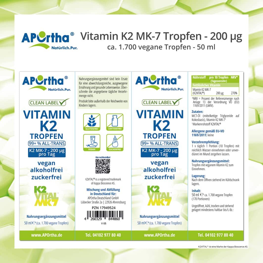 Mehrere Produktverpackungen mit Aufschriften: Vitamin K2 Tropfen, K2 MK-7, vegan, alkoholfrei, zuckerfrei. Informationen zu Inhaltsstoffen und Anwendung.