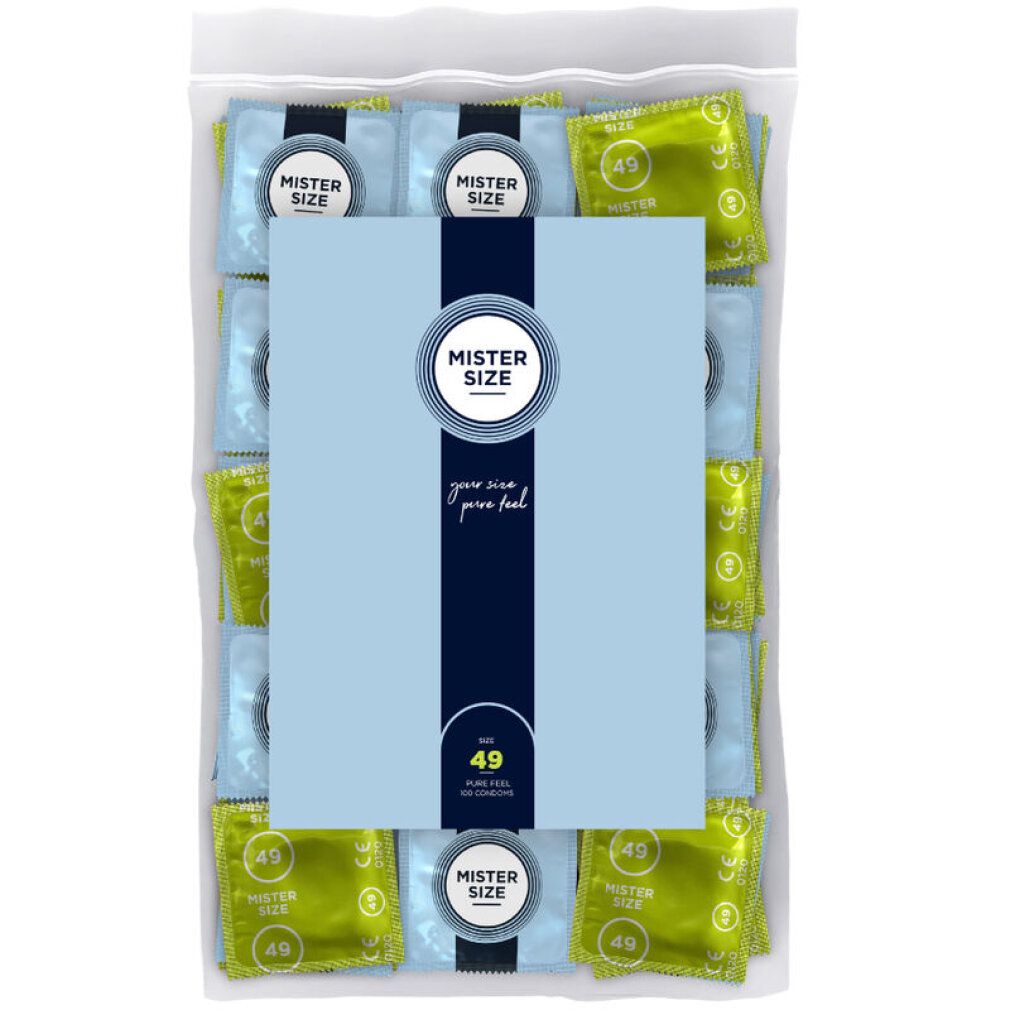 Verpackung mit Kondomen. Blaue und goldfarbene Einzelverpackungen. Aufdruck "Mister Size 49". Klarsichtverpackung.