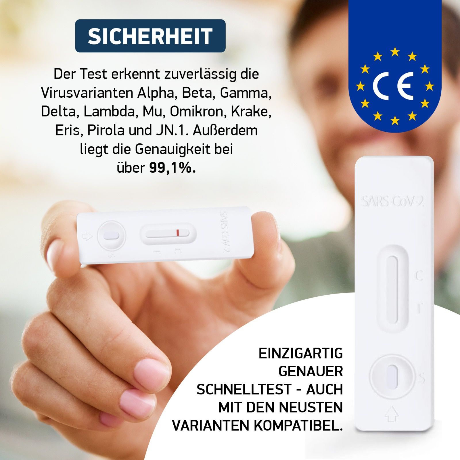 Person hält einen Schnelltest. Der Test zeigt ein positives Ergebnis. Text: Sicherheit, Genauigkeit über 99,1%, erkennt Virusvarianten.