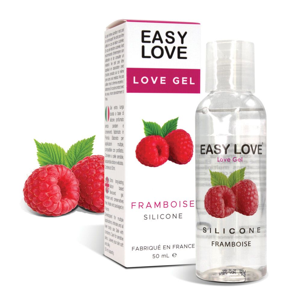 Flasche und Verpackung von Easy Love Love Gel. Aufschrift: Easy Love, Love Gel, Himbeere, Silikon. Abgebildet sind Himbeeren.