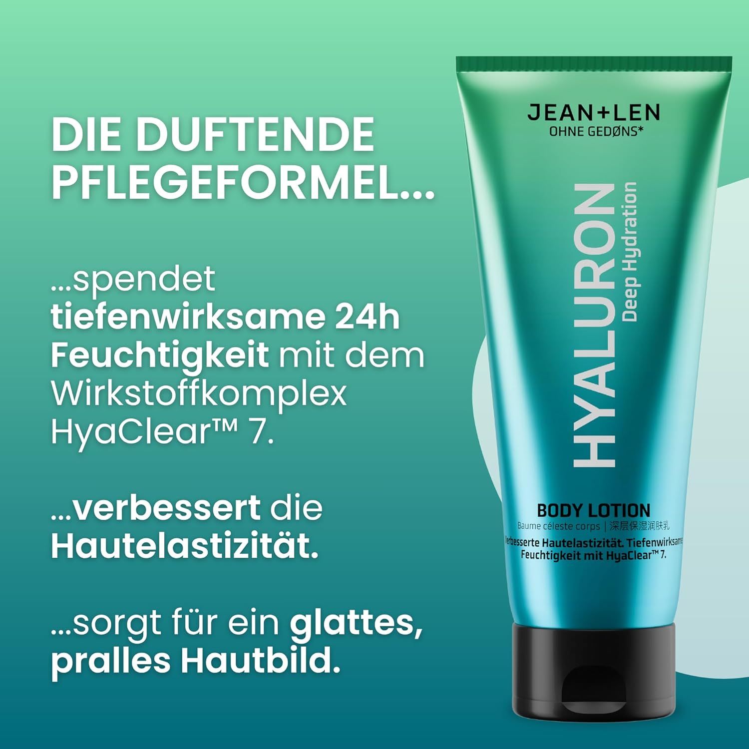 Jean & Len Body Lotion Hyaluron Tube. Türkis-farbene Tube mit weißer Schrift. Text über 24h Feuchtigkeit und Hautelastizität.