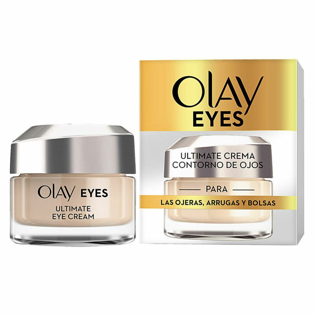 Creme-Tiegel und Verpackung. Aufschrift: Olay Eyes Ultimate Eye Cream. Verpackung mit Produktabbildung und Text.