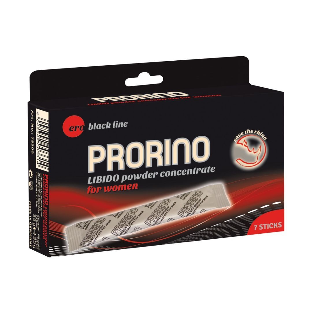 Schwarze Verpackung mit "PRORINO" und "LIBIDO powder concentrate for women". Enthält 7 Sticks. "ere black line".