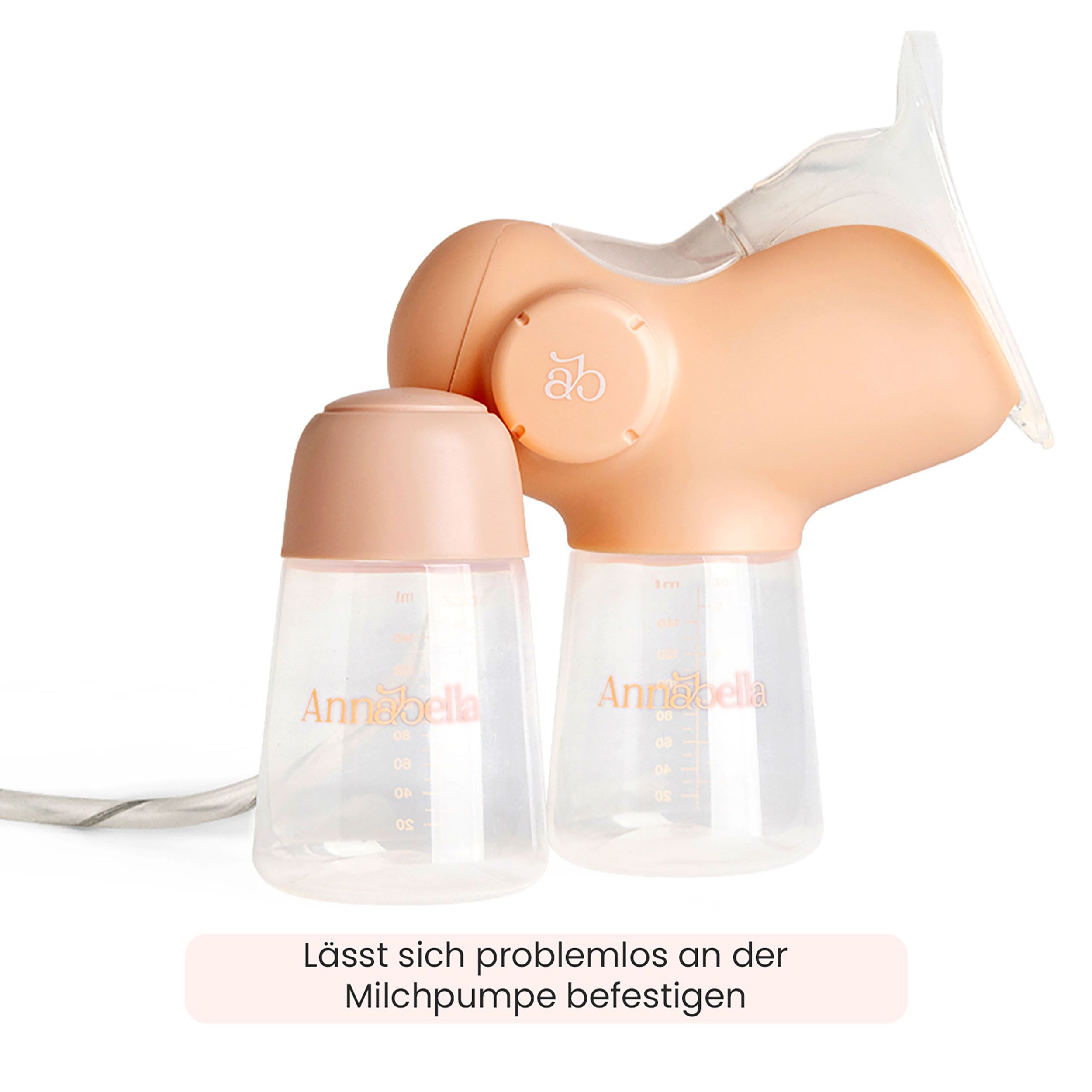 Milchpumpe mit zwei Flaschen. Flaschen mit Deckeln, Skala und Logo "Annabella". Text: Lässt sich problemlos befestigen.