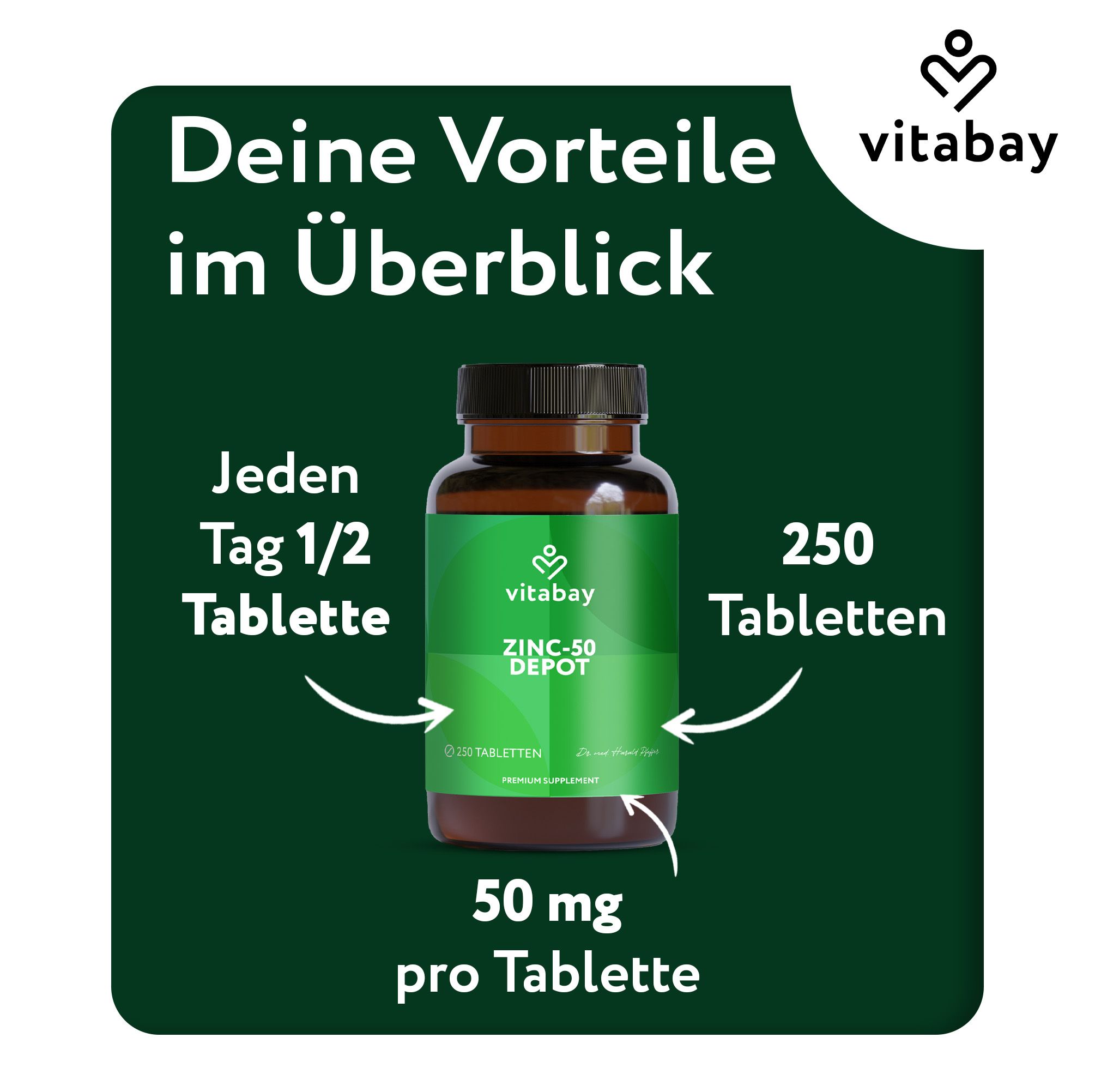 Braune Flasche mit grünem Etikett. Aufschrift: Vitabay ZINC-50 DEPOT, 250 Tabletten, 50 mg pro Tablette.