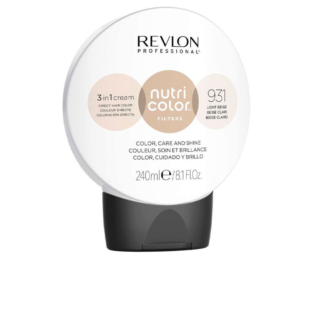 Runde Tube mit schwarzem Deckel. Aufschrift: Revlon Professional, Nutri Color Filters 931. 240ml.