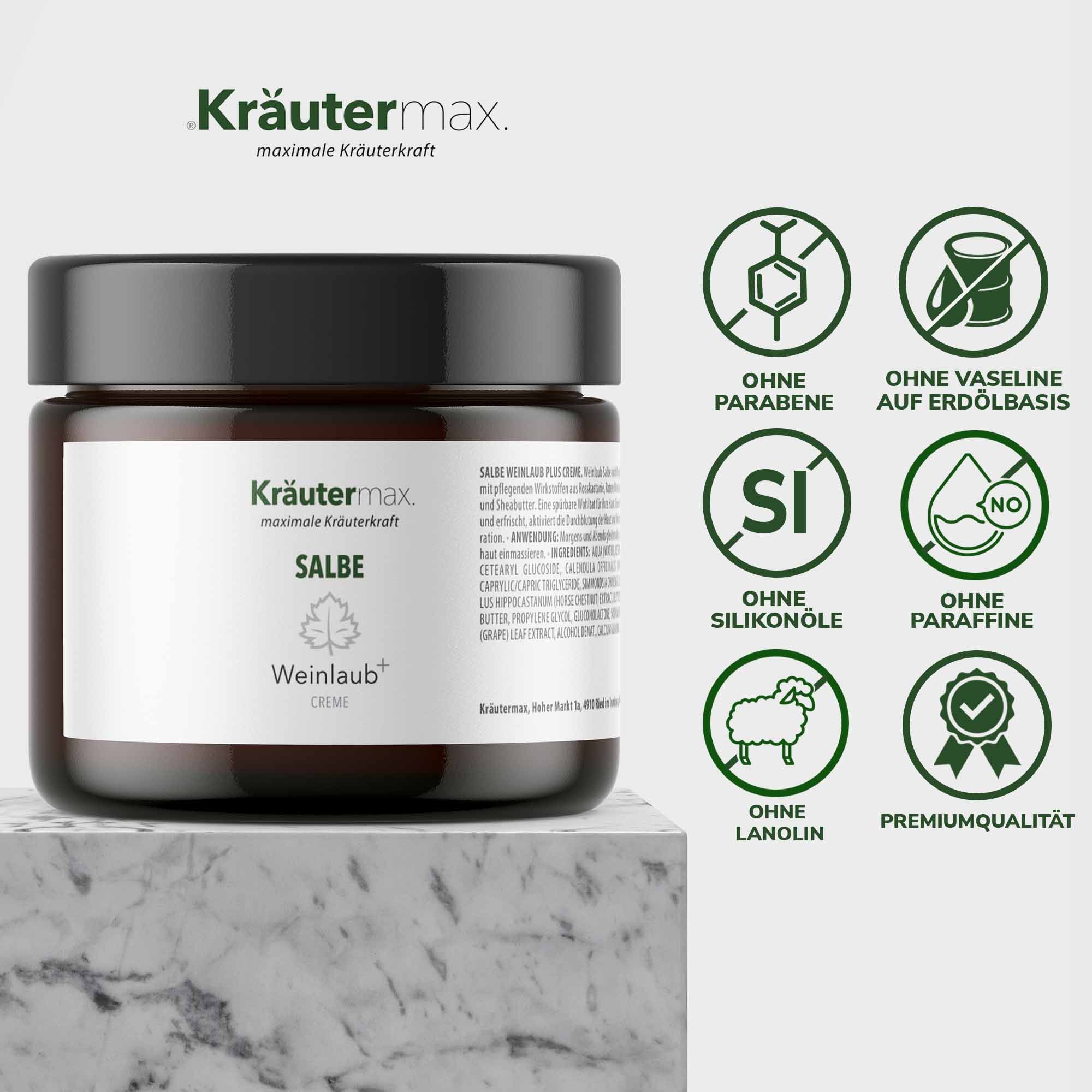 Braunes Glas Kräutermax Salbe Weinlaub Creme. Aufschrift: Ohne Parabene, Silikone, Vaseline, Paraffine, Lanolin. Premiumqualität.