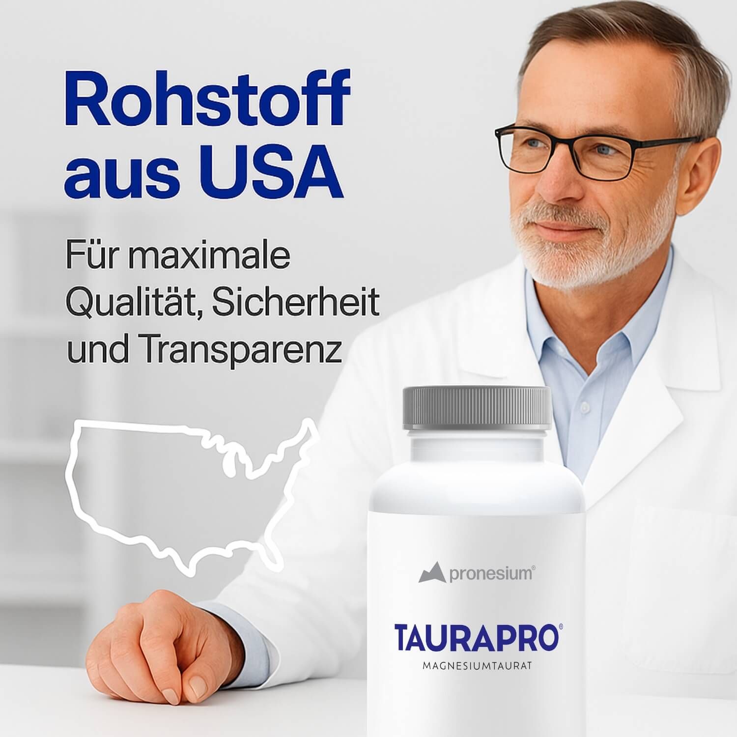 Mann im weißen Kittel mit Flasche TAURAPRO. Text: Rohstoff aus USA. Für maximale Qualität.