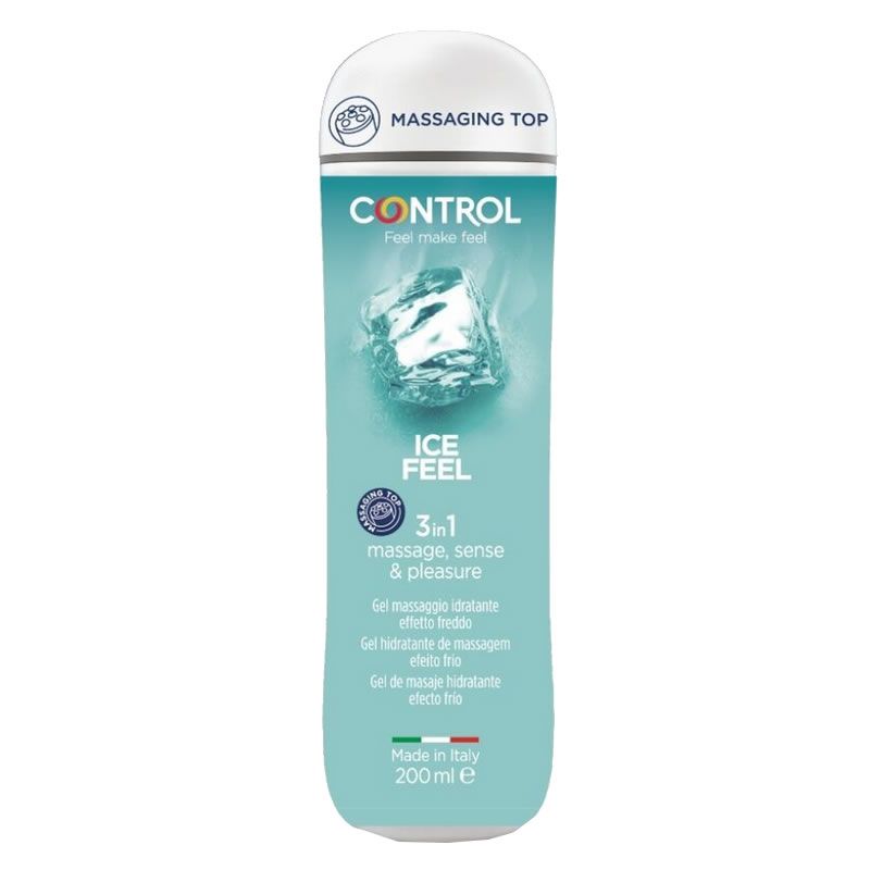 Control Ice Feel Gleitgel Flasche mit Eiskristall-Design und Massagieraufsatz.