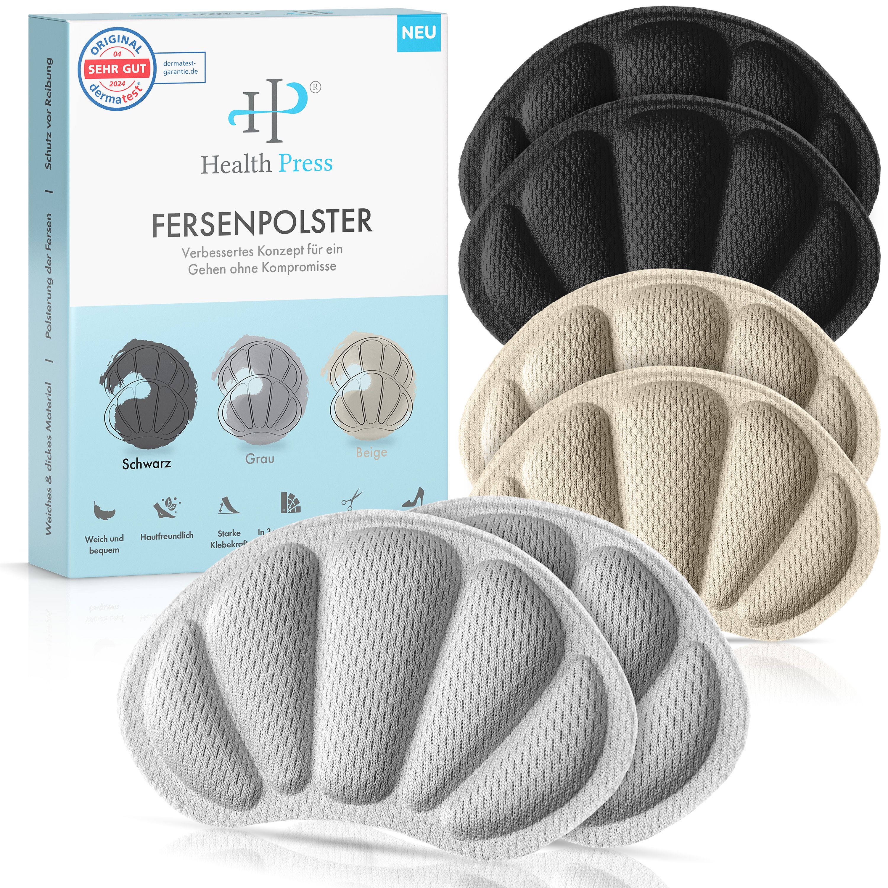 Verpackung von Fersenpolstern. Text: Health-HP Press, Fersenpolster, verbessertes Konzept. Drei Farben: Schwarz, Grau, Beige. Zertifizierung: Sehr gut.