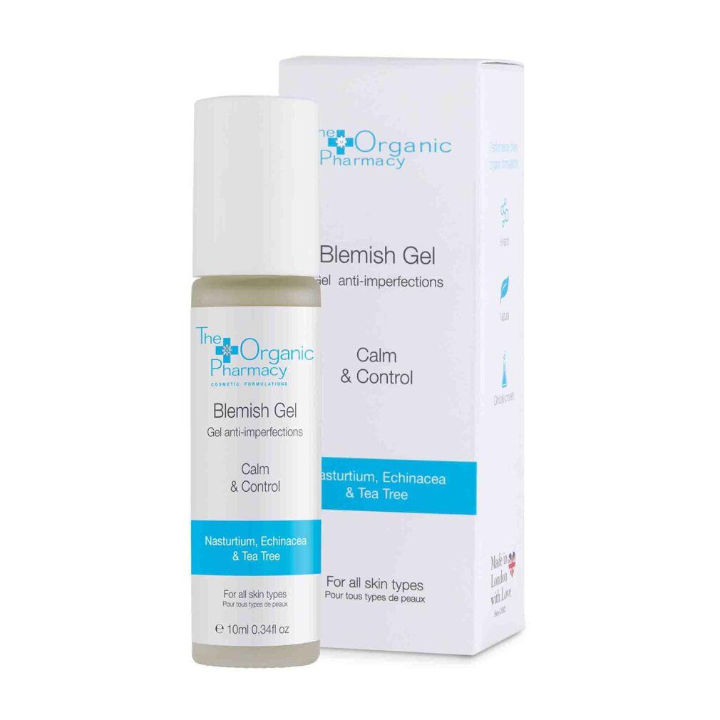 The Organic Pharmacy Blemish Gel und Verpackung. Roll-on-Flasche und Schachtel. Blaue und weiße Etiketten. Produktinformationen.