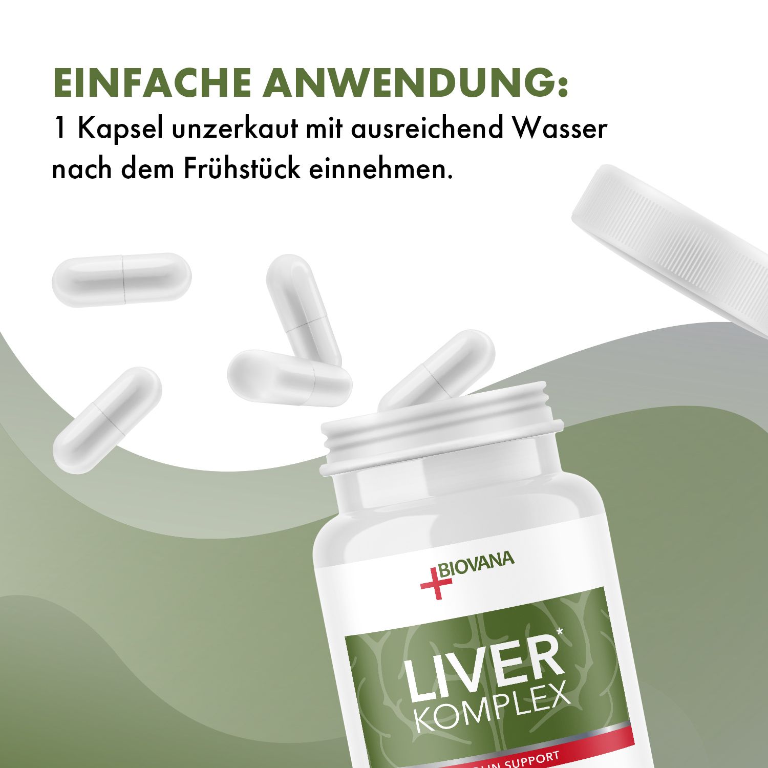 Weißes Pillenfläschchen mit grüner Aufschrift: LIVER KOMPLEX, Cholin Support. Kapseln fallen aus der Flasche. Marke: Biovana.