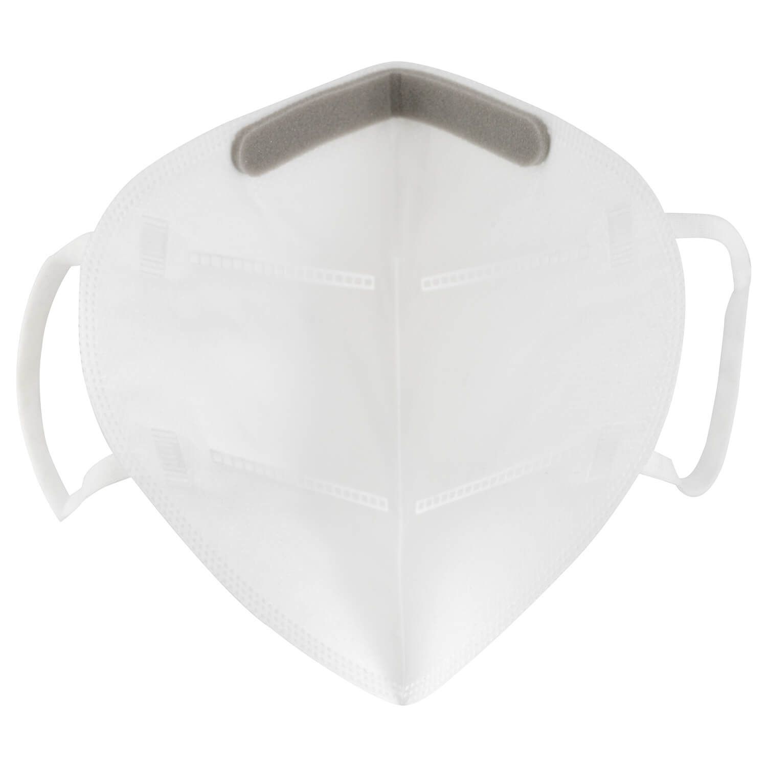 Weiße FFP2-Halbmaske mit Nasenbügel und Ohrschlaufen. Die Maske hat eine dreidimensionale Form.