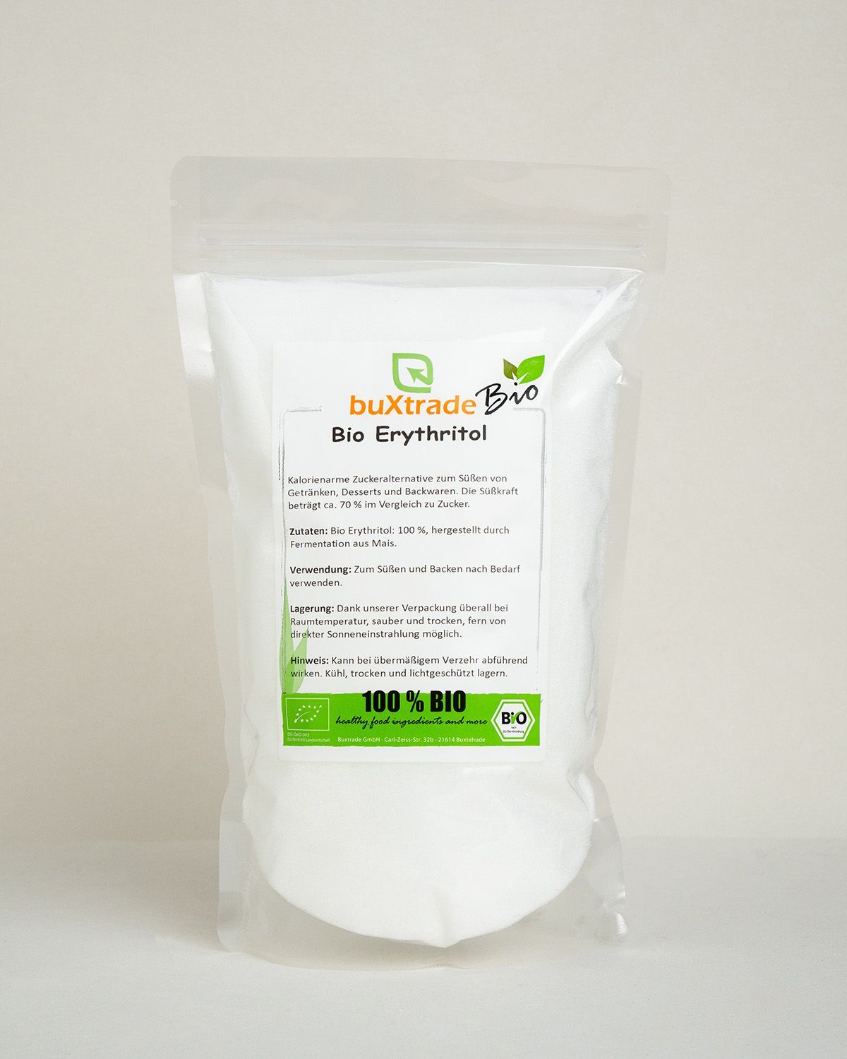 Standbodenbeutel mit buXtrade Bio Erythritol, 100% BIO.