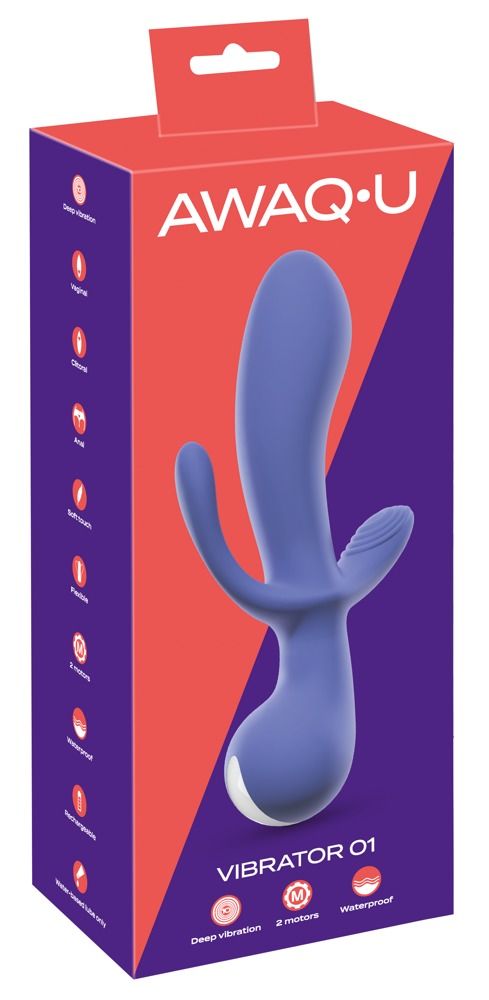 Verpackung von AwaQ.u Vibrator O1. Lila Produkt mit drei Stimulationsbereichen. Text: Deep vibration, 2 motors, waterproof.