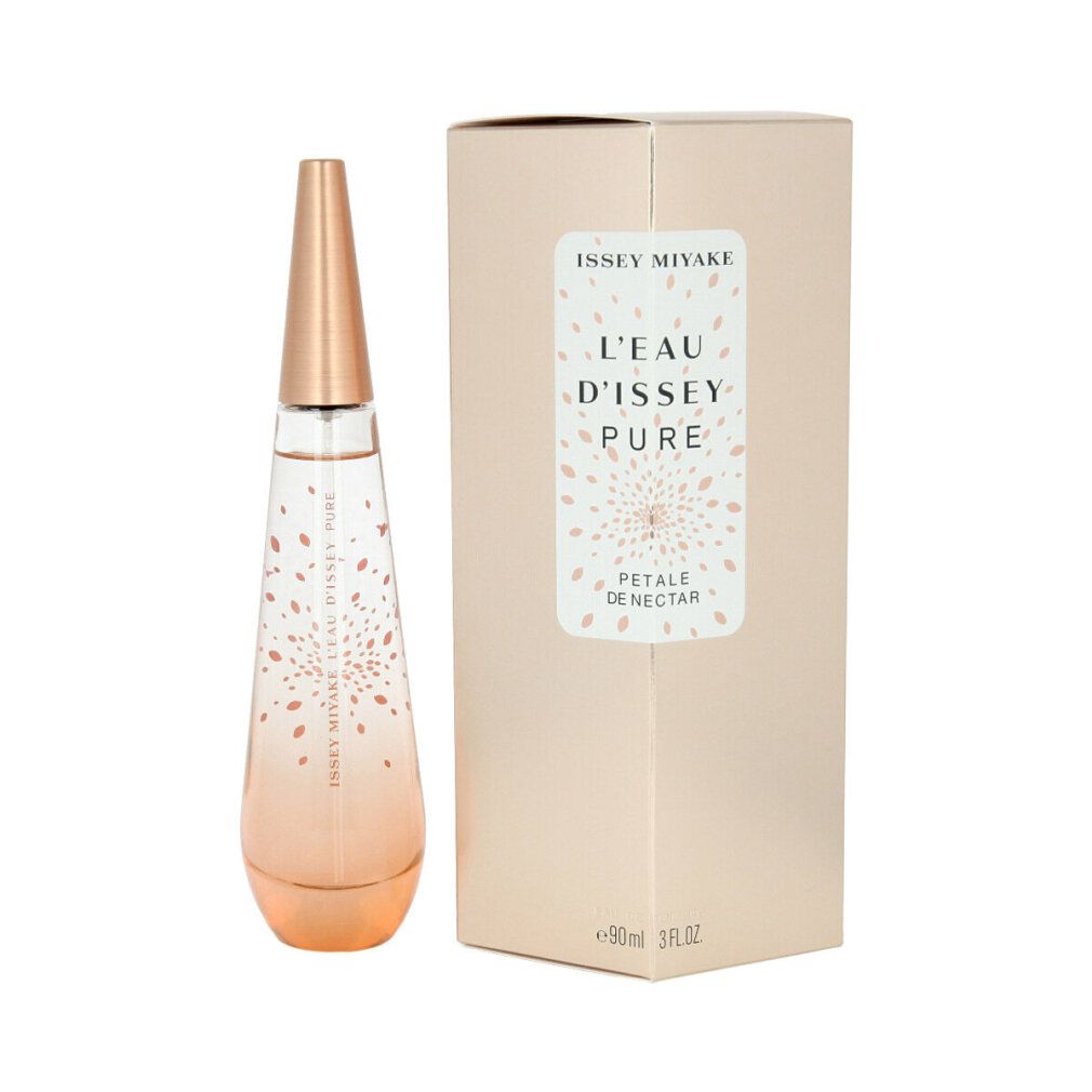 Parfümflasche und Verpackung. Flasche tropfenförmig, rosa Farbverlauf, kupferfarbener Verschluss. Aufschrift: Issey Miyake L'Eau d'Issey Pure.