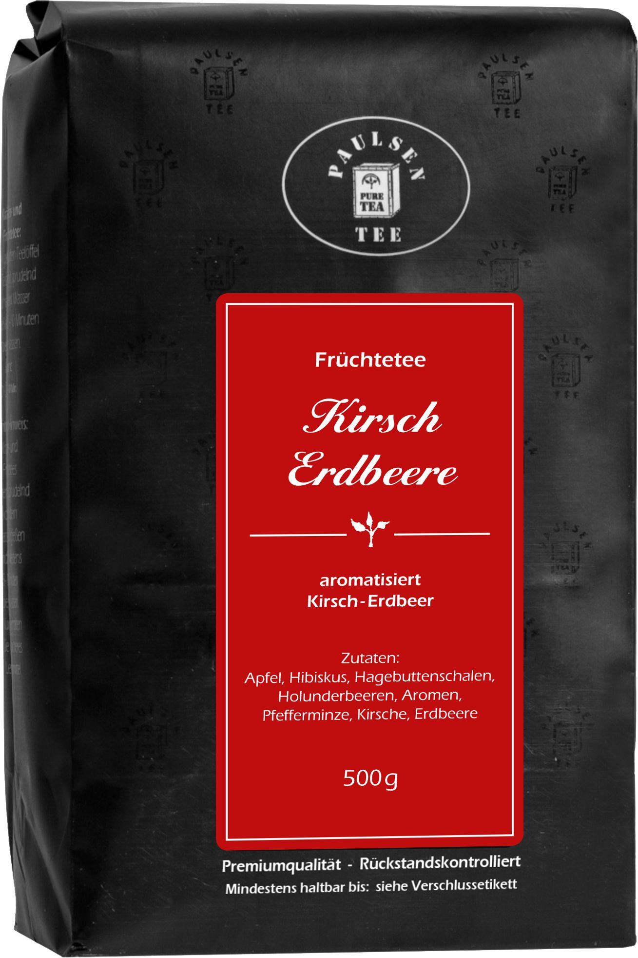 Schwarzer Beutel mit rotem Etikett. Aufschrift: Paulsen Tee, Früchtetee Kirsch Erdbeere. Zutatenliste und 500g.