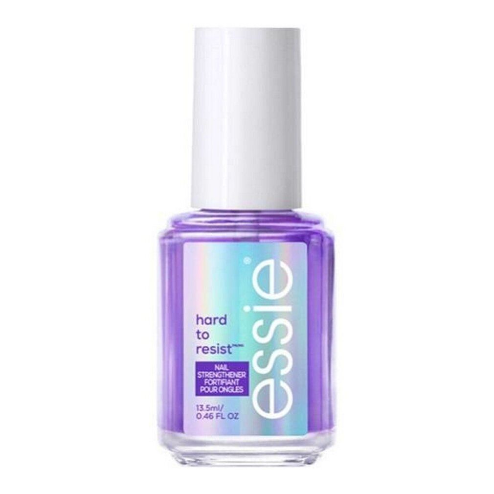 Essie Hard to Resist Nagelhärter. Violette Flüssigkeit in einer Glasflasche mit weißem Deckel. Etikett mit Produktnamen und Marke.