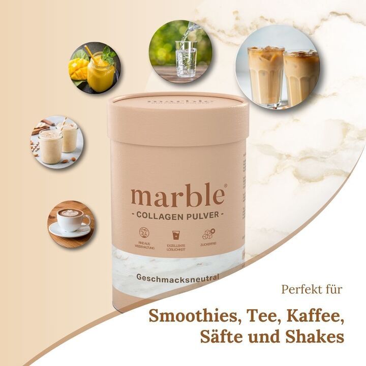 Dose marble Collagen Pulver. Grafiken: Smoothies, Tee, Kaffee, Säfte und Shakes. Text: Perfekt für...