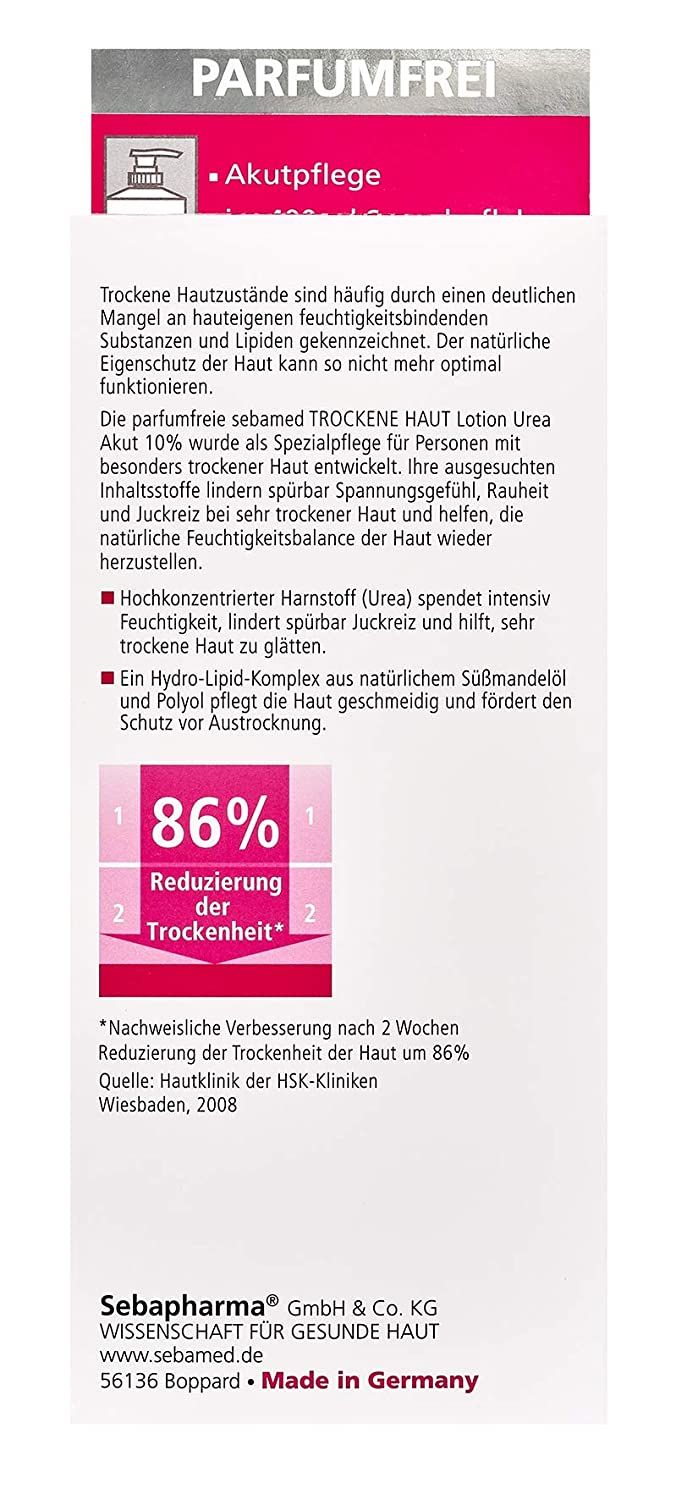 Sebamed Urea Akut 10% Lotion, parfumfrei, Feuchtigkeits-Lotion mit Süßmandelöl für Männer und Frauen