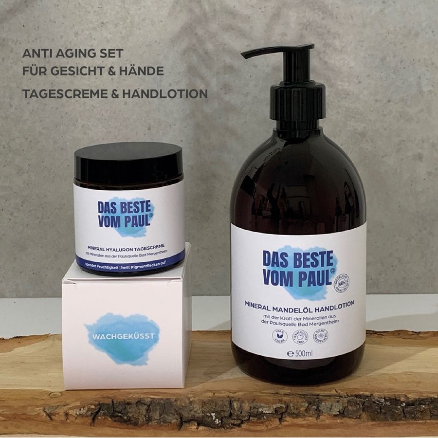 Set mit Creme, Lotion und Box. Aufschrift: Das Beste vom Paul. Anti-Aging Set für Gesicht & Hände. Wachgeküsst.