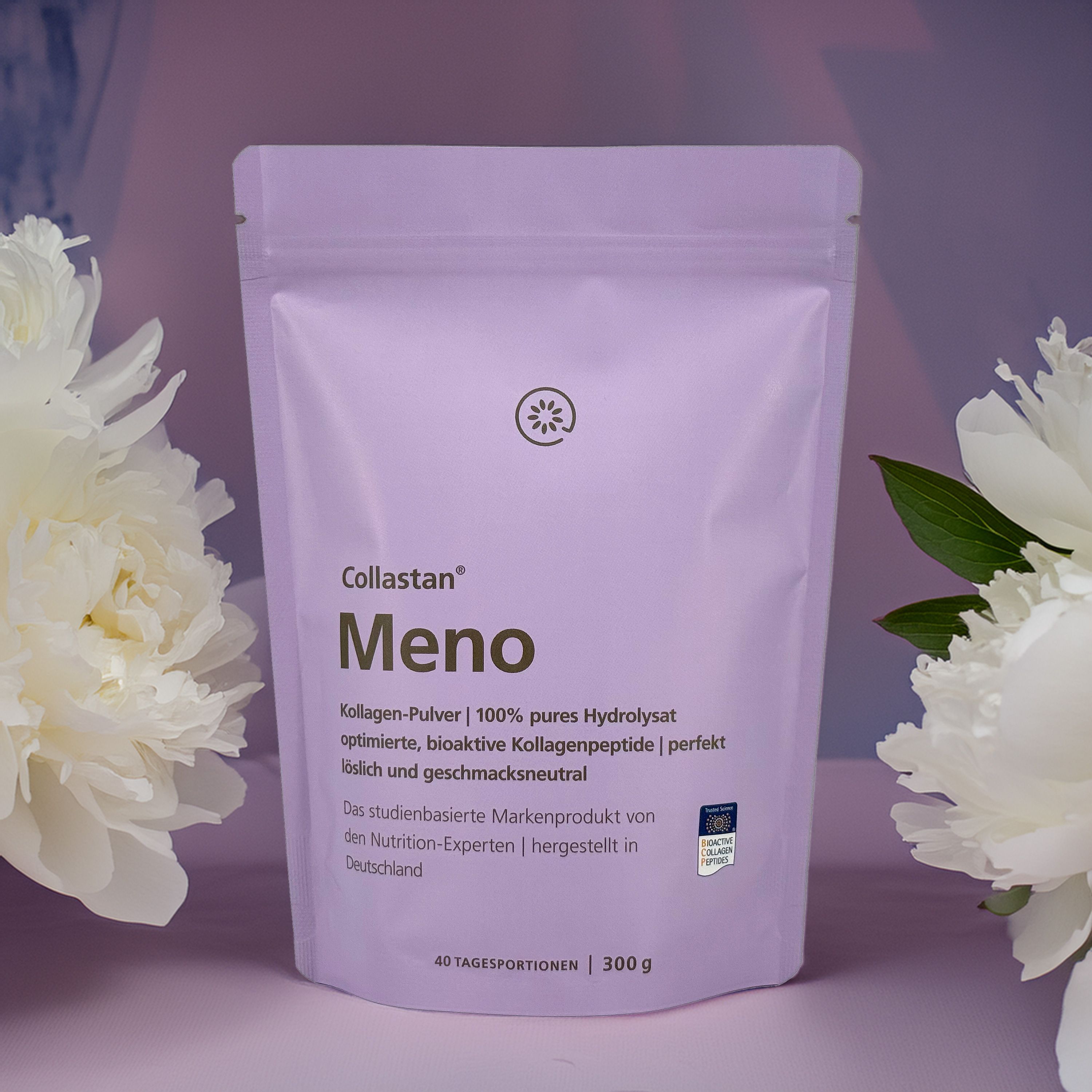 Beutel mit Collastan Meno Kollagen-Pulver. Lila Verpackung mit Produktnamen und Logo. Umgeben von weißen Blüten.