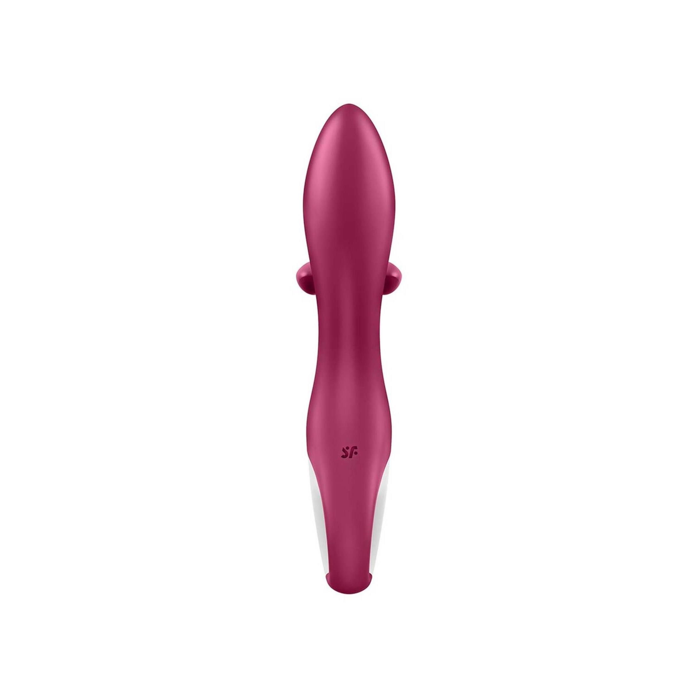 Ein pinkfarbener Vibrator mit gebogener Form, Ring und drei Bedienelementen.