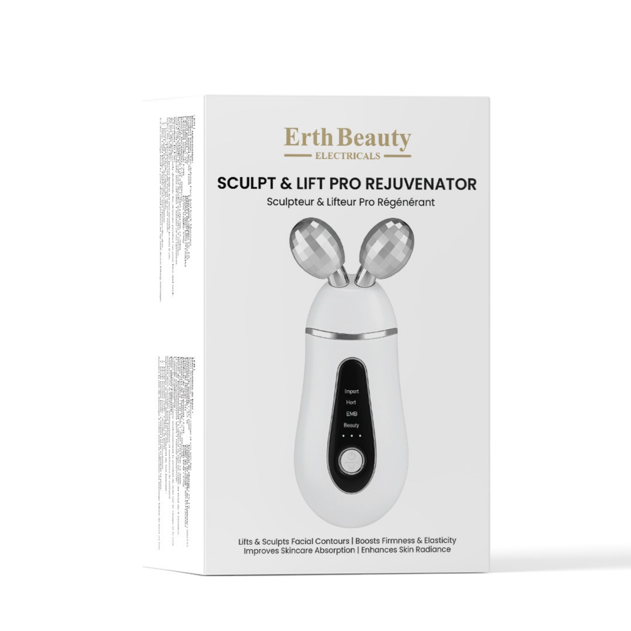 Weiße Verpackung mit Produktabbildung. Erth Beauty Sculpt & Lift Pro Rejuvenator. Gerät mit zwei Metallköpfen und Bedienfeld.