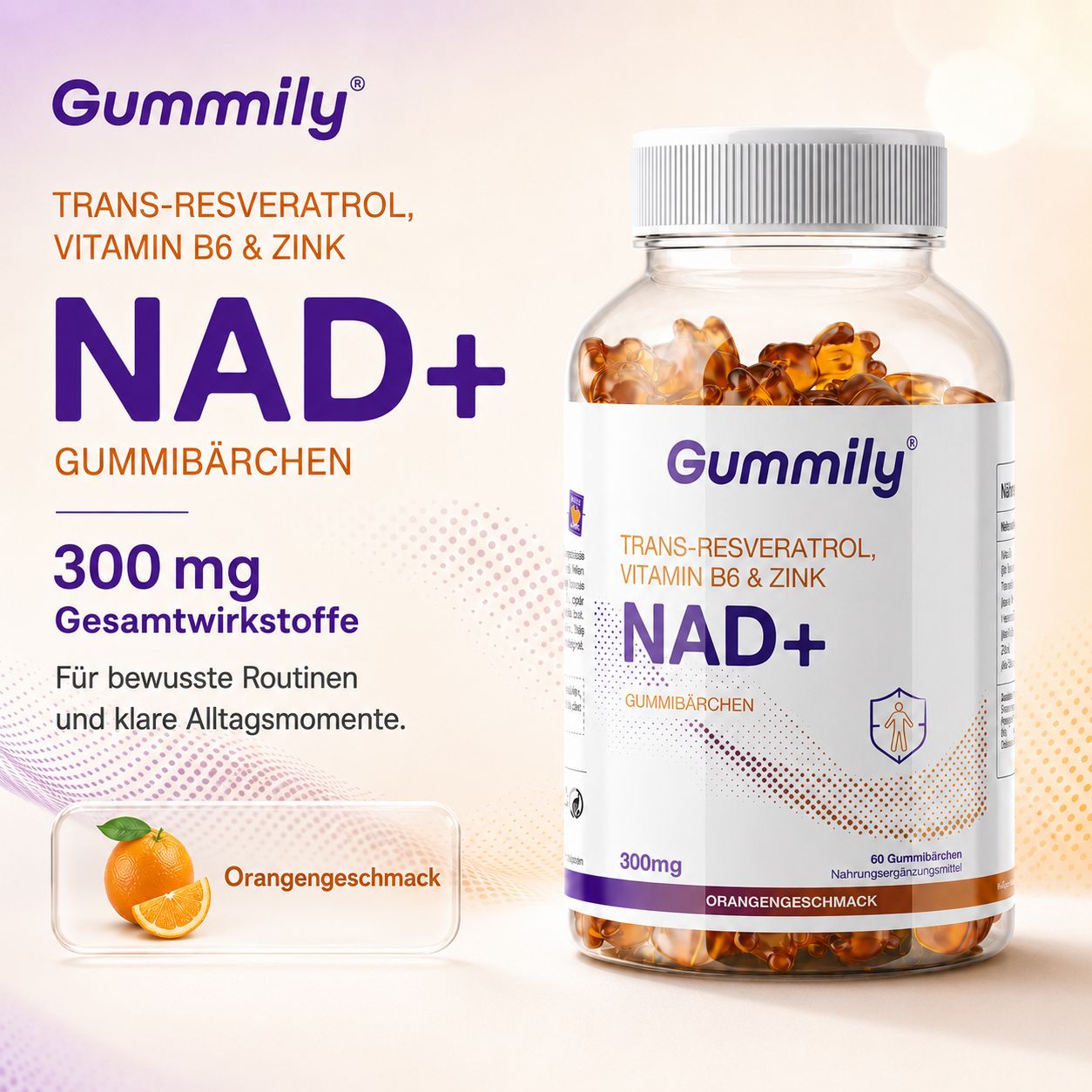 Gummibärchen-Flasche und Grafik mit NAD+ Formel, Trans-Resveratrol, Vitamin B6 & Zink. Orangengeschmack.