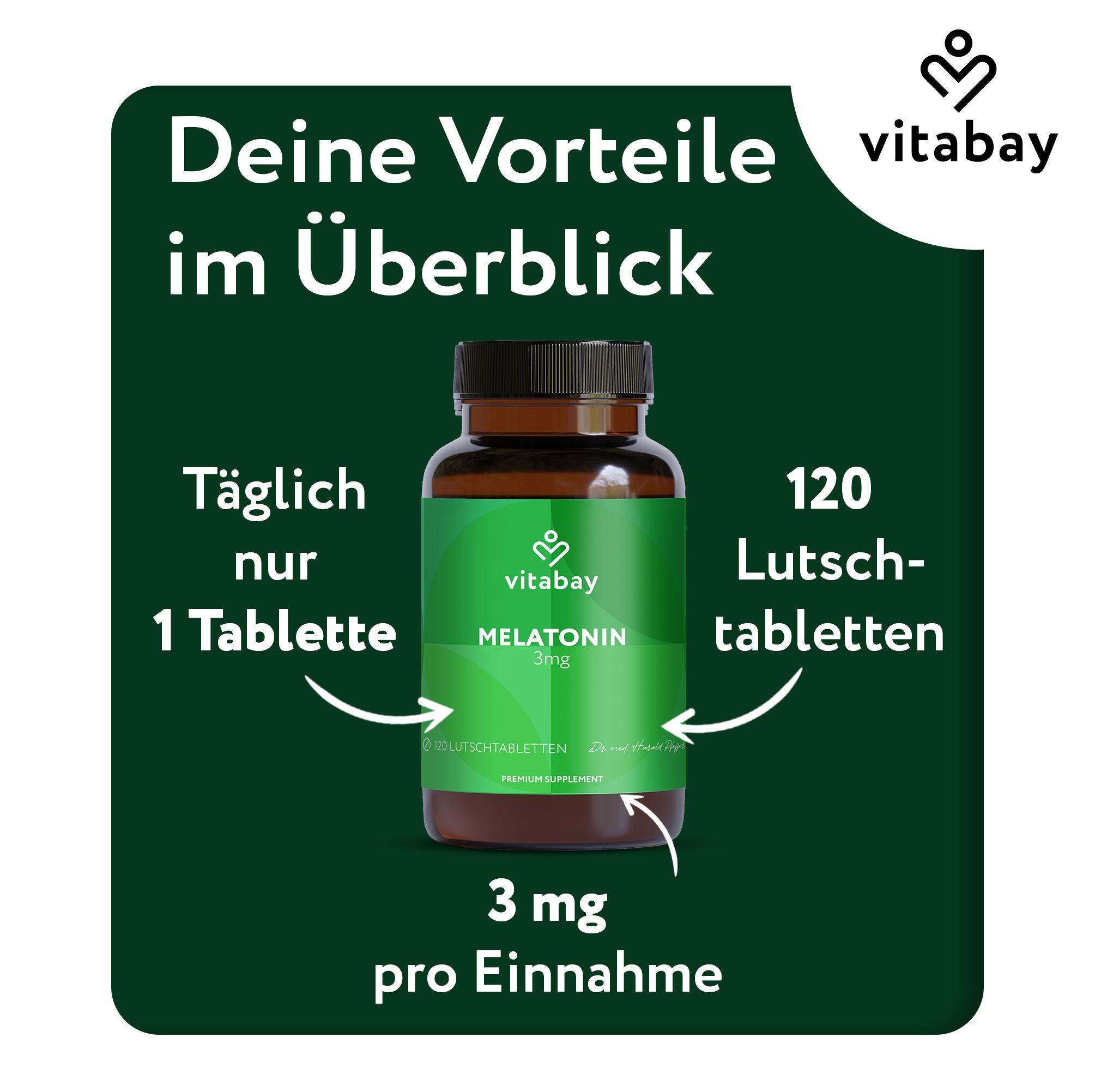Braune Glasflasche mit grünem Etikett. Enthält Melatonin 3mg. 120 Lutschtabletten. Marke Vitabay.