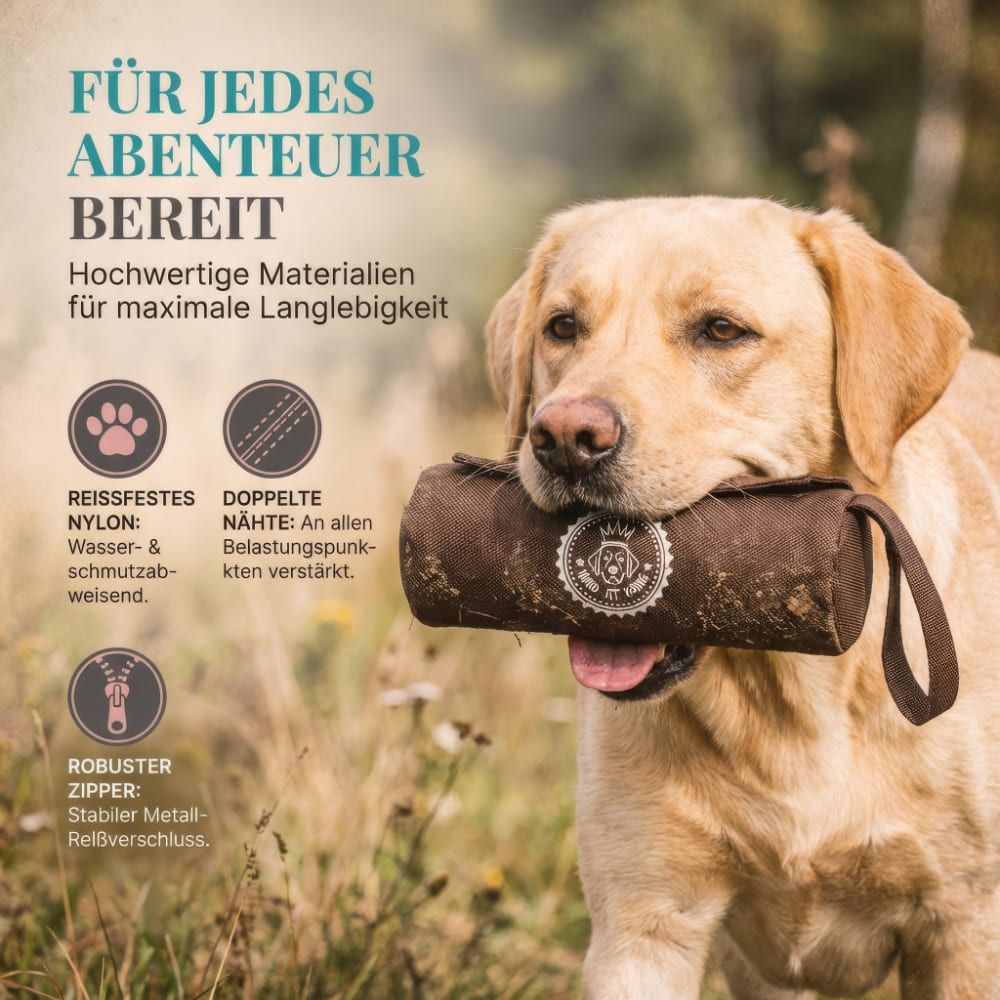 Gelber Hund mit braunem Dummy im Maul. Text: Für jedes Abenteuer bereit. Nylon, doppelte Nähte, robuster Reißverschluss.