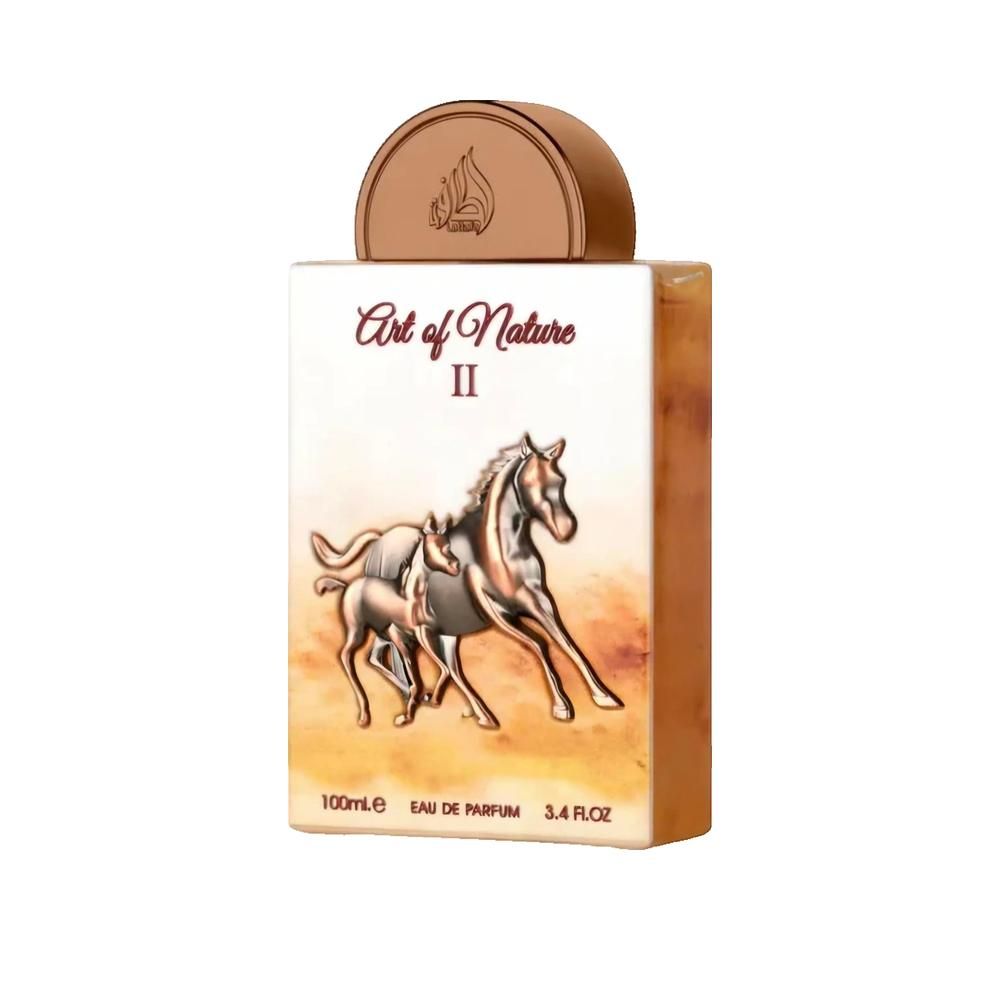 Parfümflakon mit braunem Deckel. Aufschrift "Art of Nature II". Relief von Pferden. "Eau de Parfum" und "3.4 FL.OZ" sichtbar.