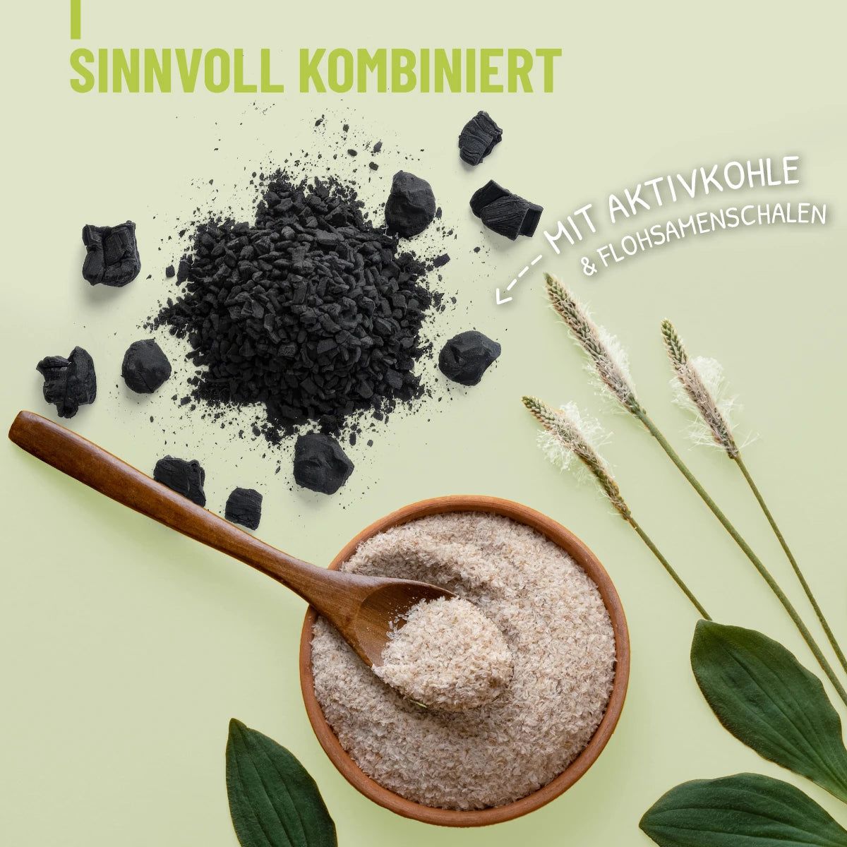 Holzlöffel mit Pulver in Schale, Aktivkohle und Flohsamenschalen. Text: Sinnvoll kombiniert. Mit Aktivkohle & Flohsamenschalen.