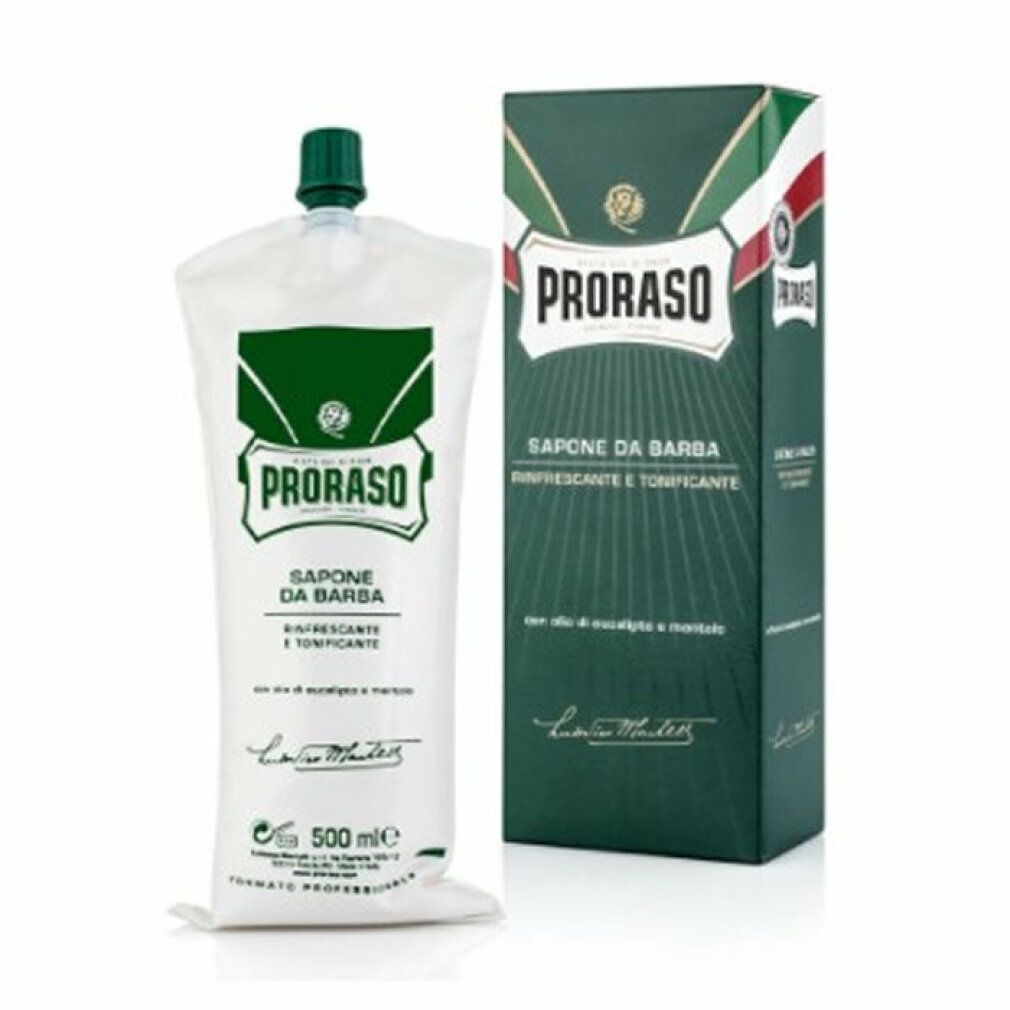 Proraso Rasierschaum-Verpackung und -Beutel. Grün-weißes Design, italienische Flagge. Text: Saponeda Barba, 500 ml.