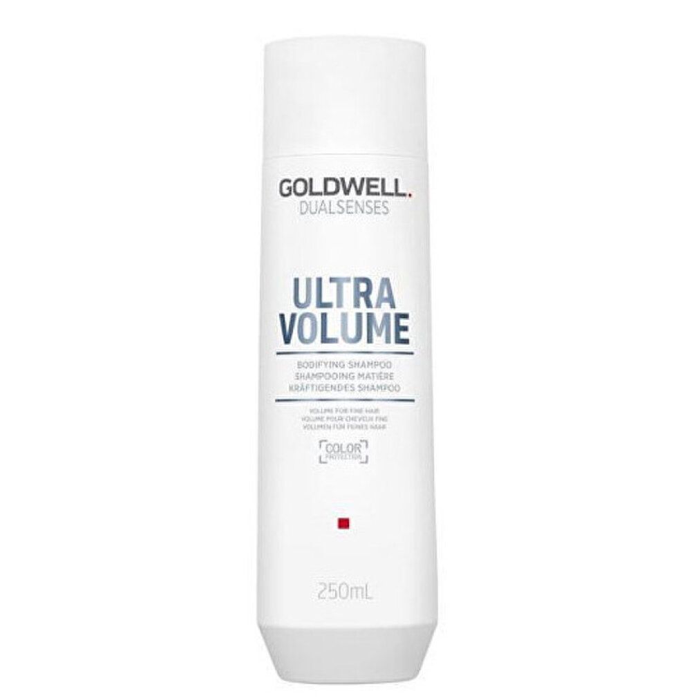 Weißes Shampoo-Flakon mit Goldwell-Logo und „Ultra Volume“-Schriftzug. 250ml. Bodifying Shampoo.
