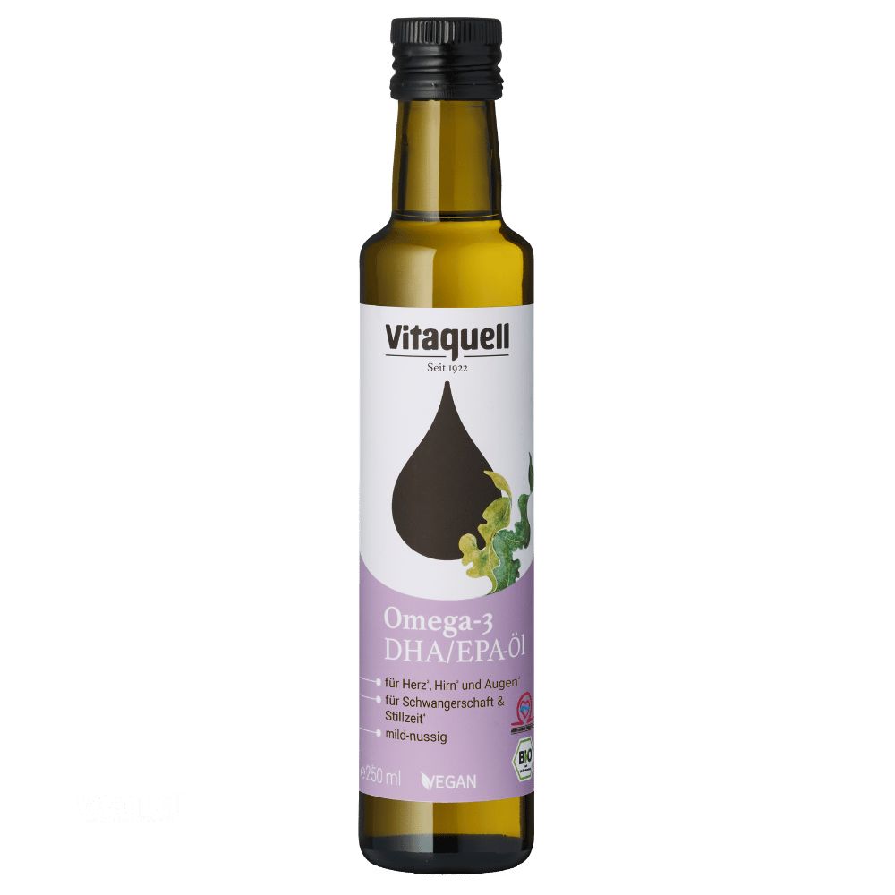 Vitaquell Omega-3 DHA/EPA-Öl Flasche auf weißem Hintergrund