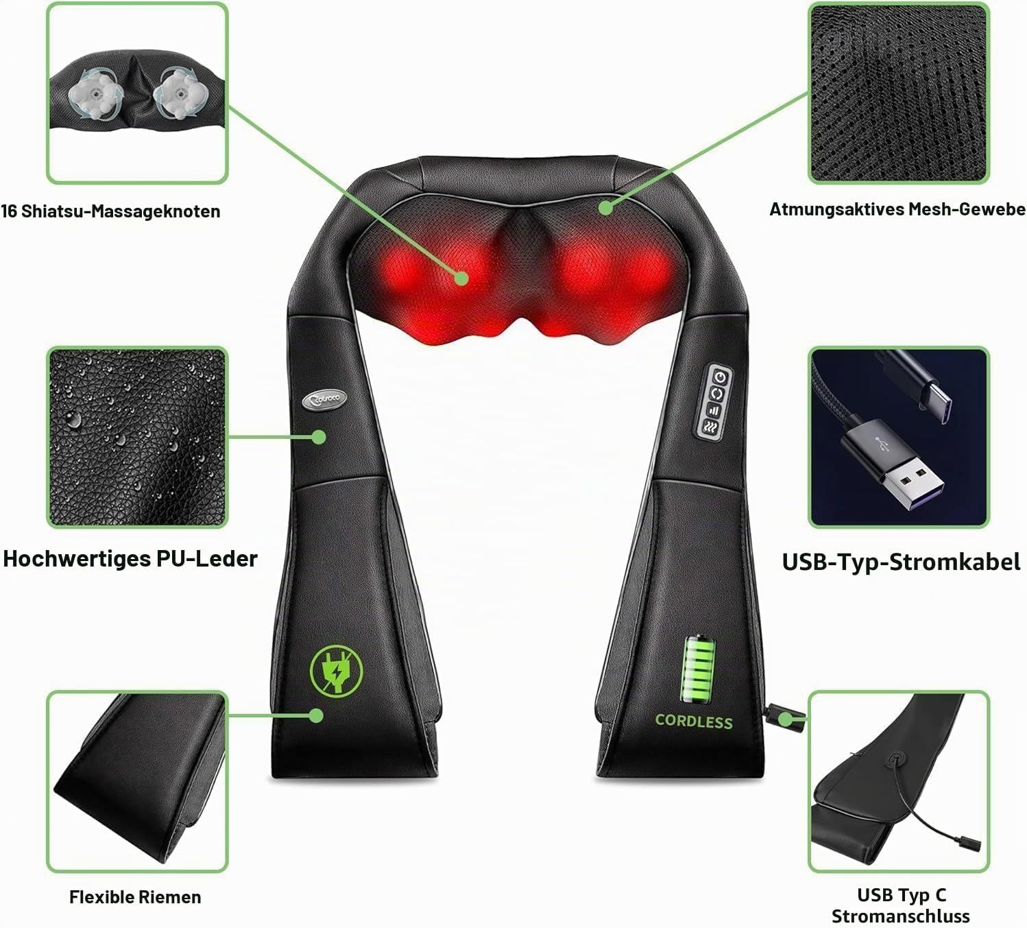 Nackenmassagegerät mit 16 Shiatsu-Knoten, PU-Leder, atmungsaktivem Mesh und USB-C-Anschluss.