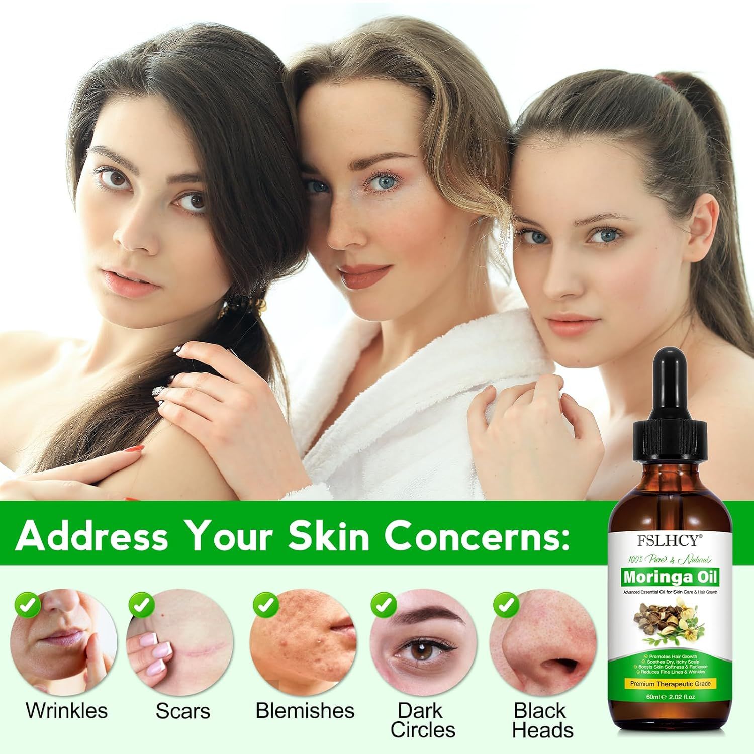 Drei Frauen, braune Glasflasche mit Pipette, Moringa Öl. Aufschrift: Address Your Skin Concerns.