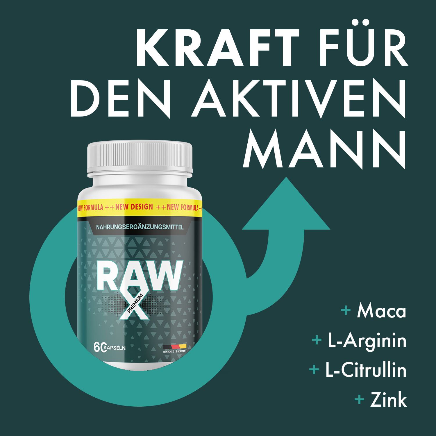 Produkt-Dose mit RAW X Premium. Text: Kraft für den aktiven Mann. Inhaltsstoffe: Maca, L-Arginin, L-Citrullin, Zink. Grüner Hintergrund.