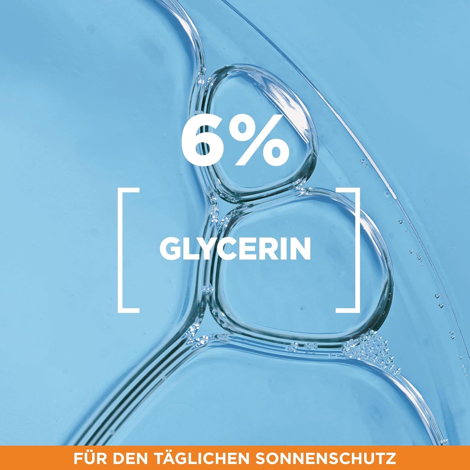 Nahaufnahme von Wasserblasen. Text: 6% Glycerin.