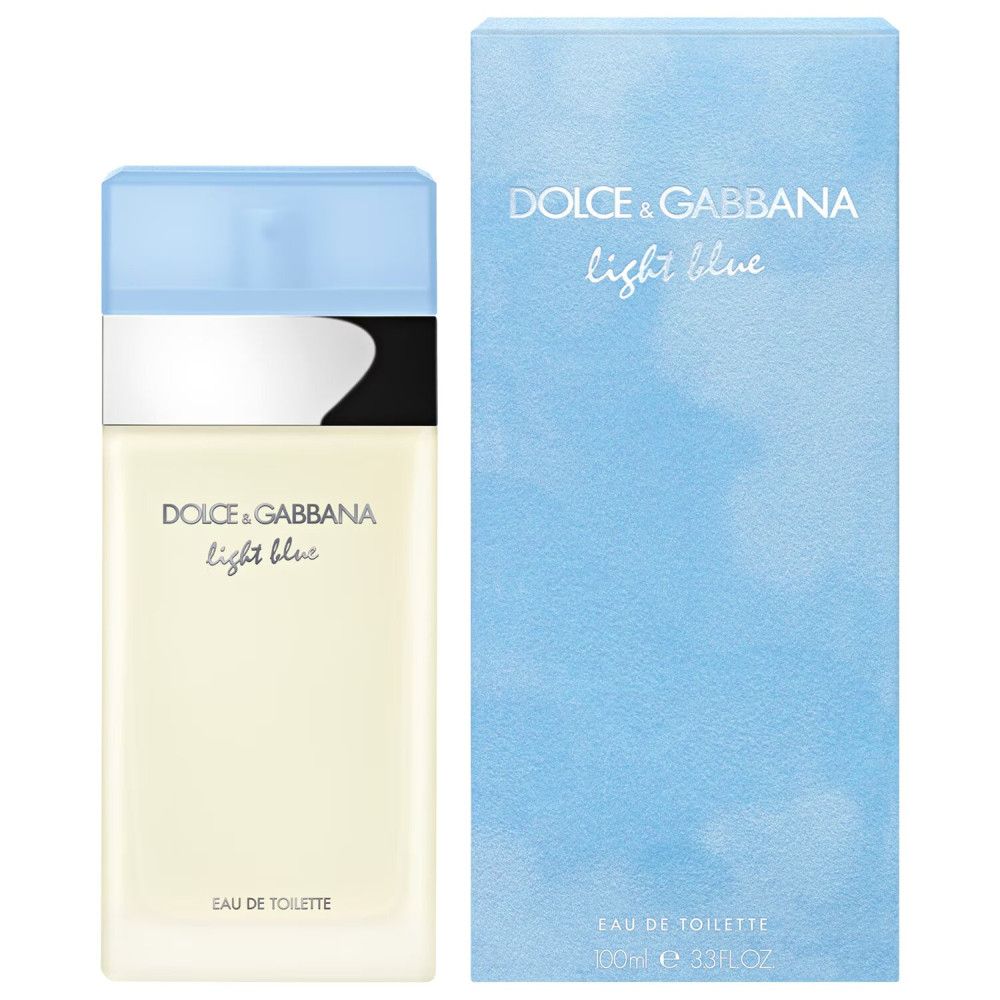 Dolce & Gabbana Light Blue E.d.T. Nat. Spray. Flakon und Verpackung. Hellblauer Flakon mit hellblauer Kappe und silbernem Band.