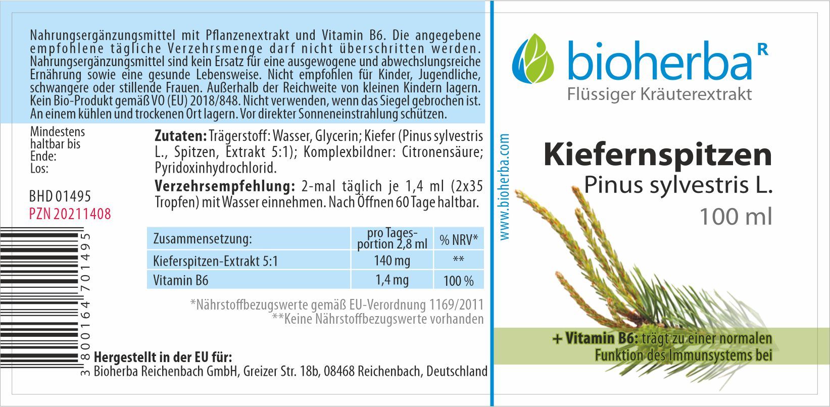 Braune Glasflasche mit Etikett. Produktname: Kiefernspitzen. Enthält Kräuterextrakt. 100 ml.