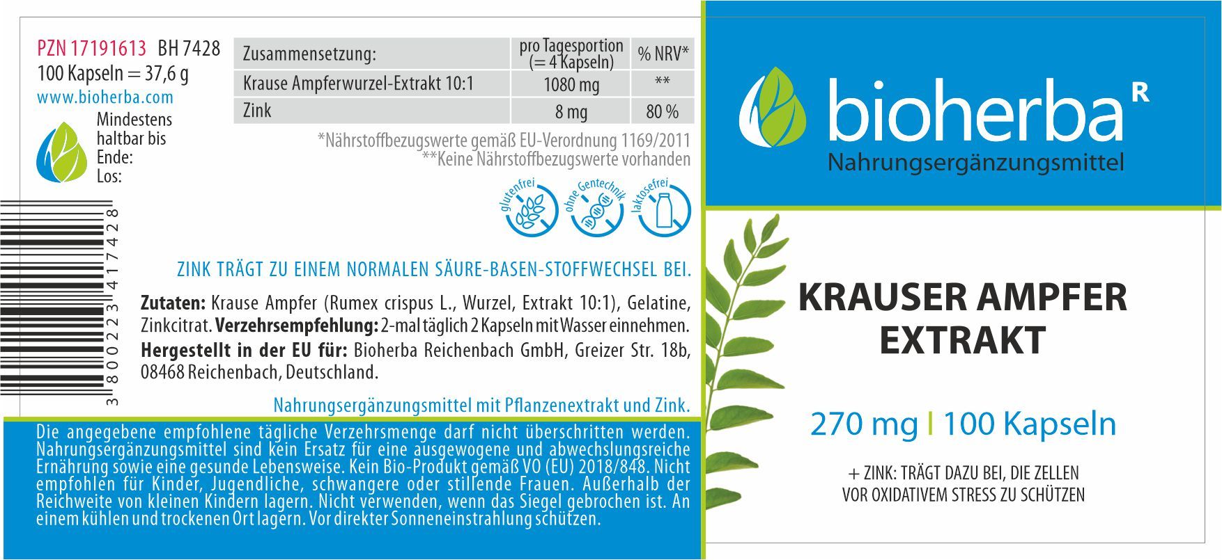 Etikett mit Produktinformationen. Schriftzug: Krauser Ampfer Extrakt, 270 mg | 100 Kapseln. Marke: Bioherba.